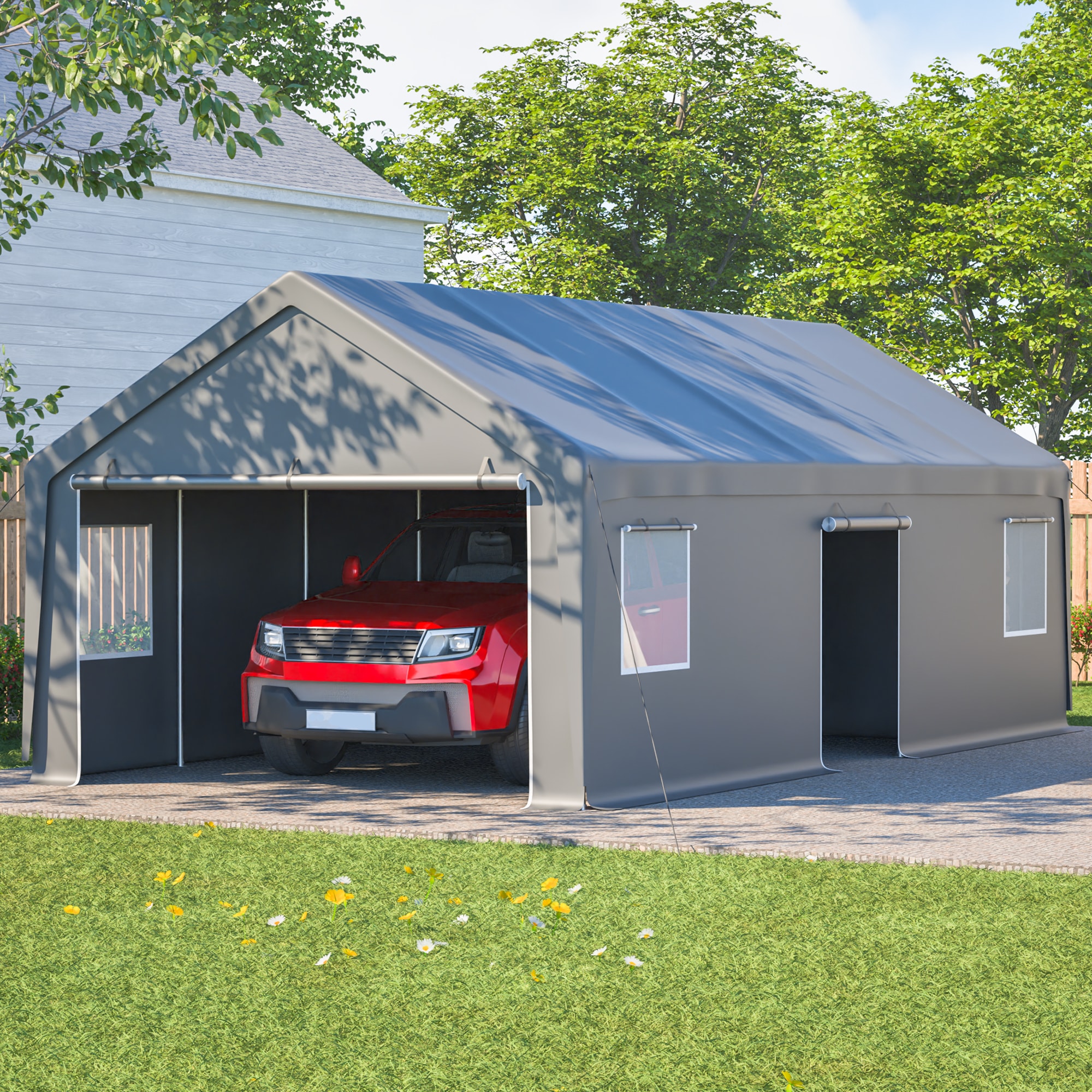 GDFStudio 351797 Hazlett Outdoor All-Weather Portable 13x26FT Heavy Duty Carport Canopy with 2 Roll-Up Doors-1 Side Door and Removable End Walls Windows-Grey