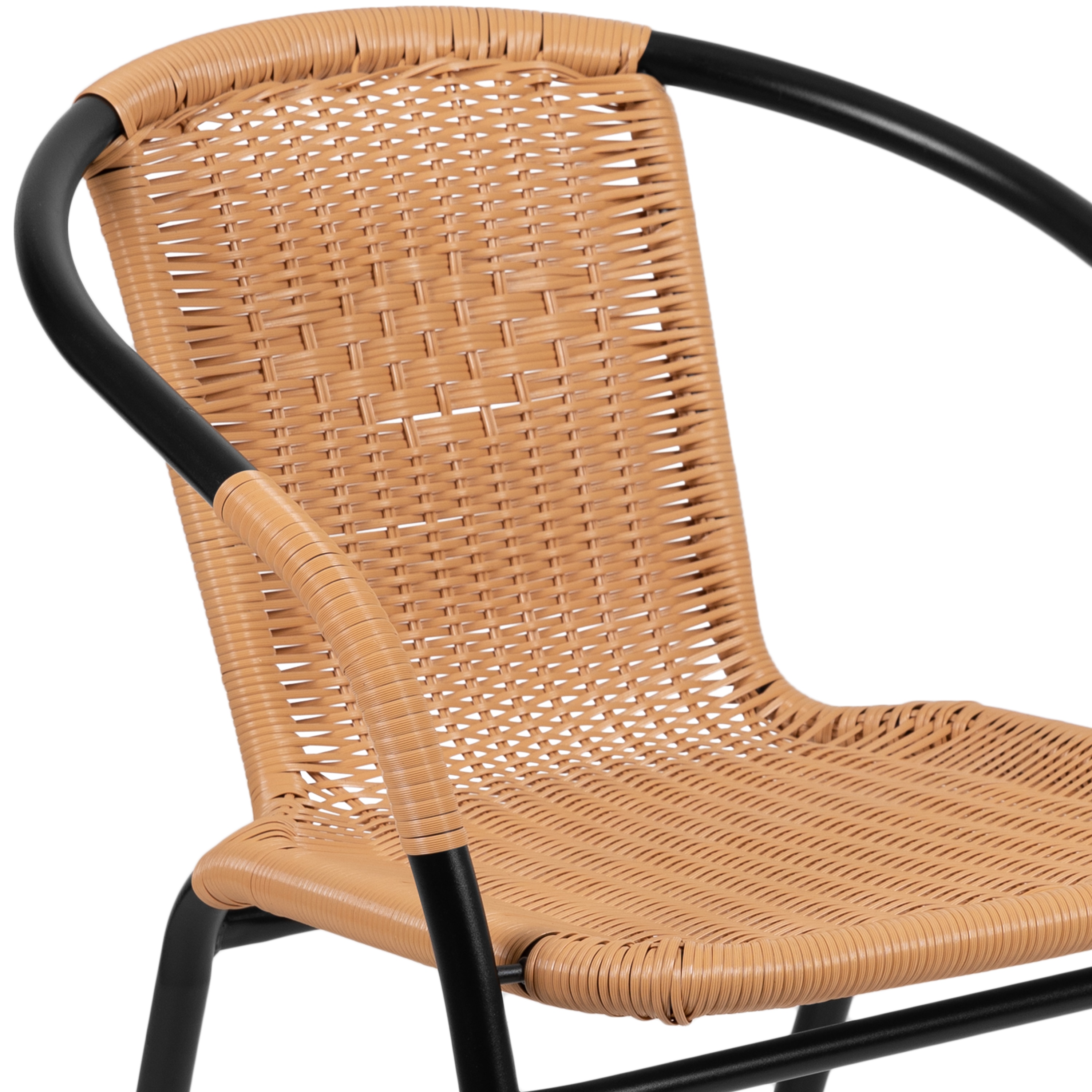 Beige Rattan and Black Steel Patio Dining Chairs, Set of 2