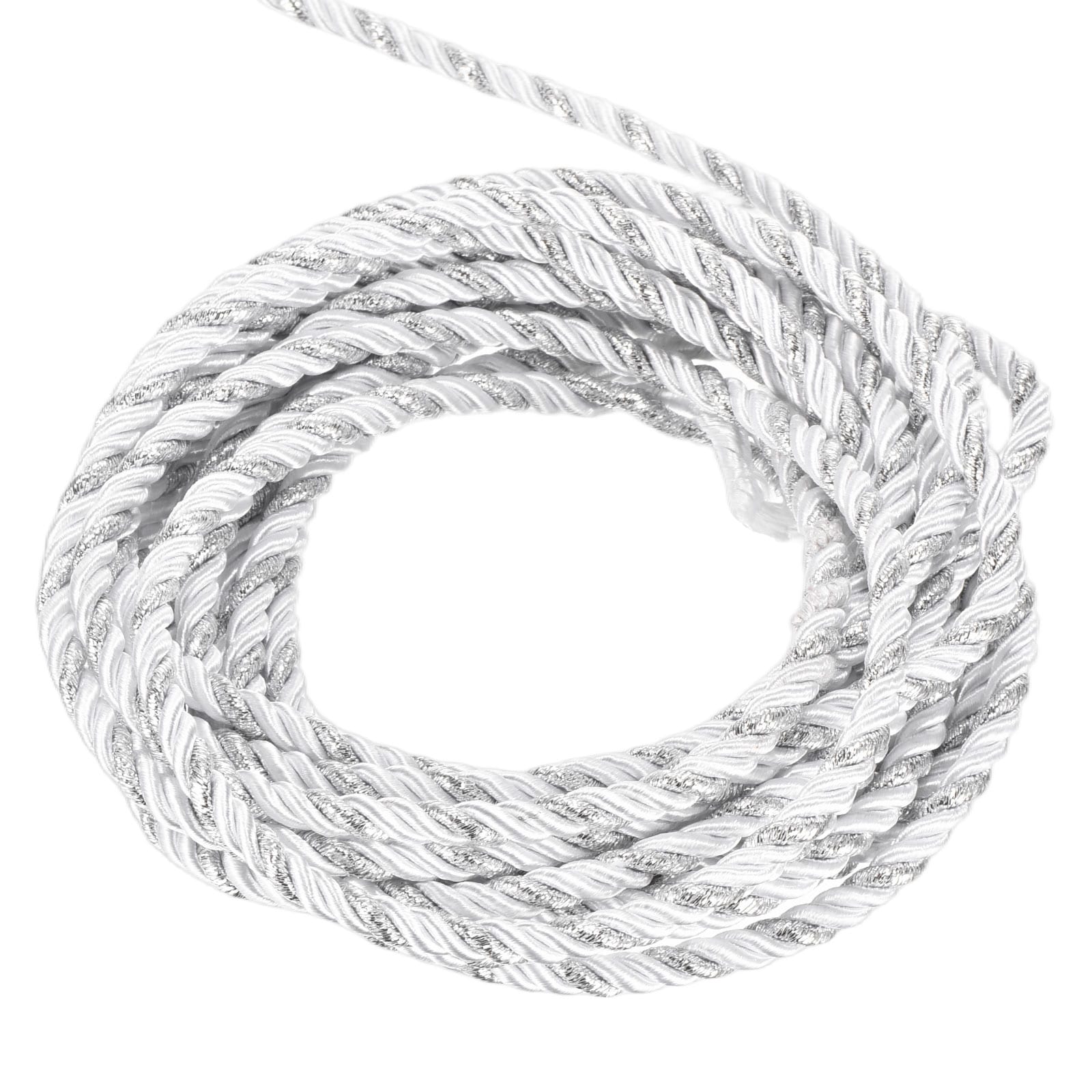 Unique Bargains Twisted Cord Trim 5 Yard 5mm 3-Ply Twine Braided Rope Shiny Thread String for Craft Gift Bag Curtain Christmas Decor White Silver - 5m
