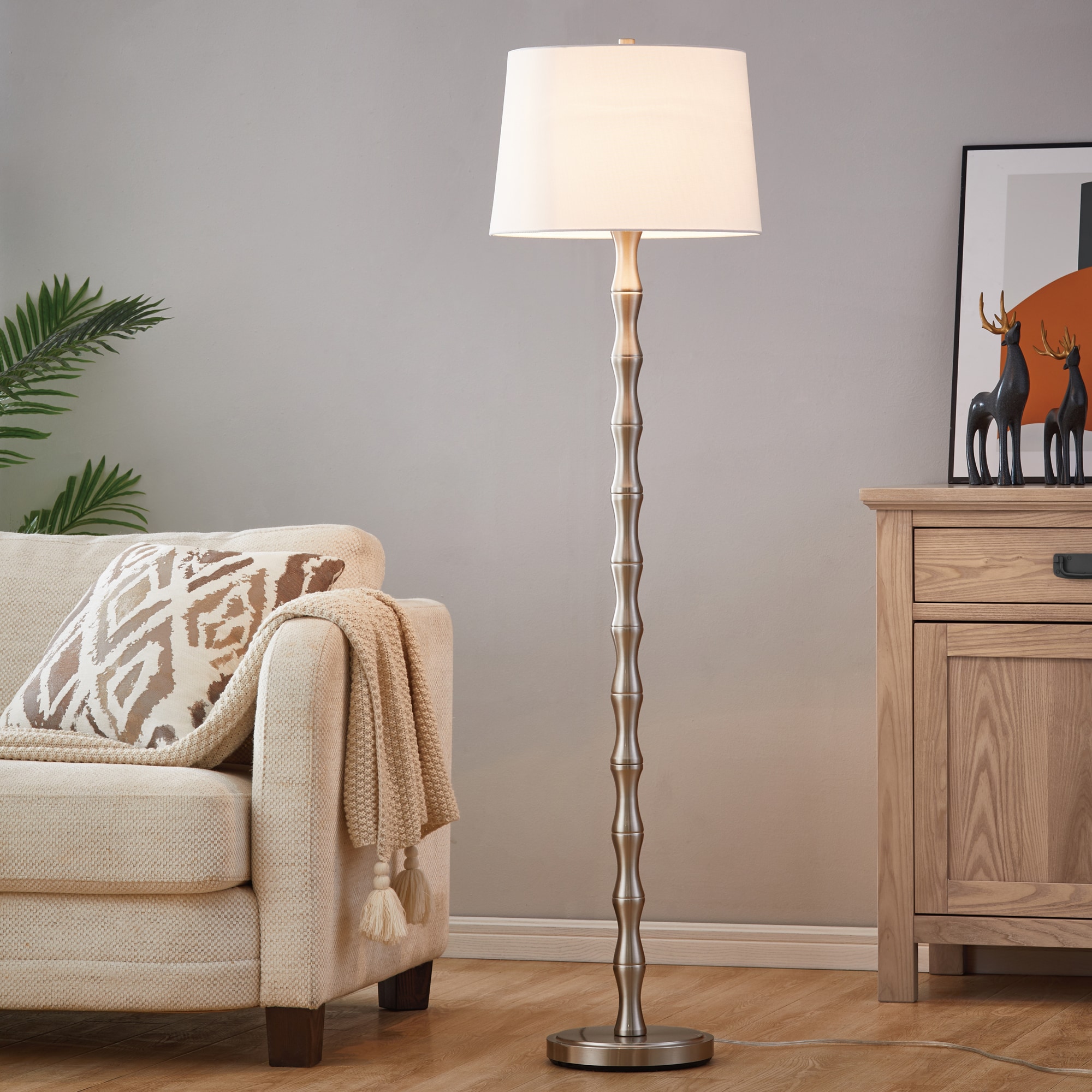 KAWOTI 61 in. Brushed Nickel Floor Lamp with White Fabric Shade in the ...