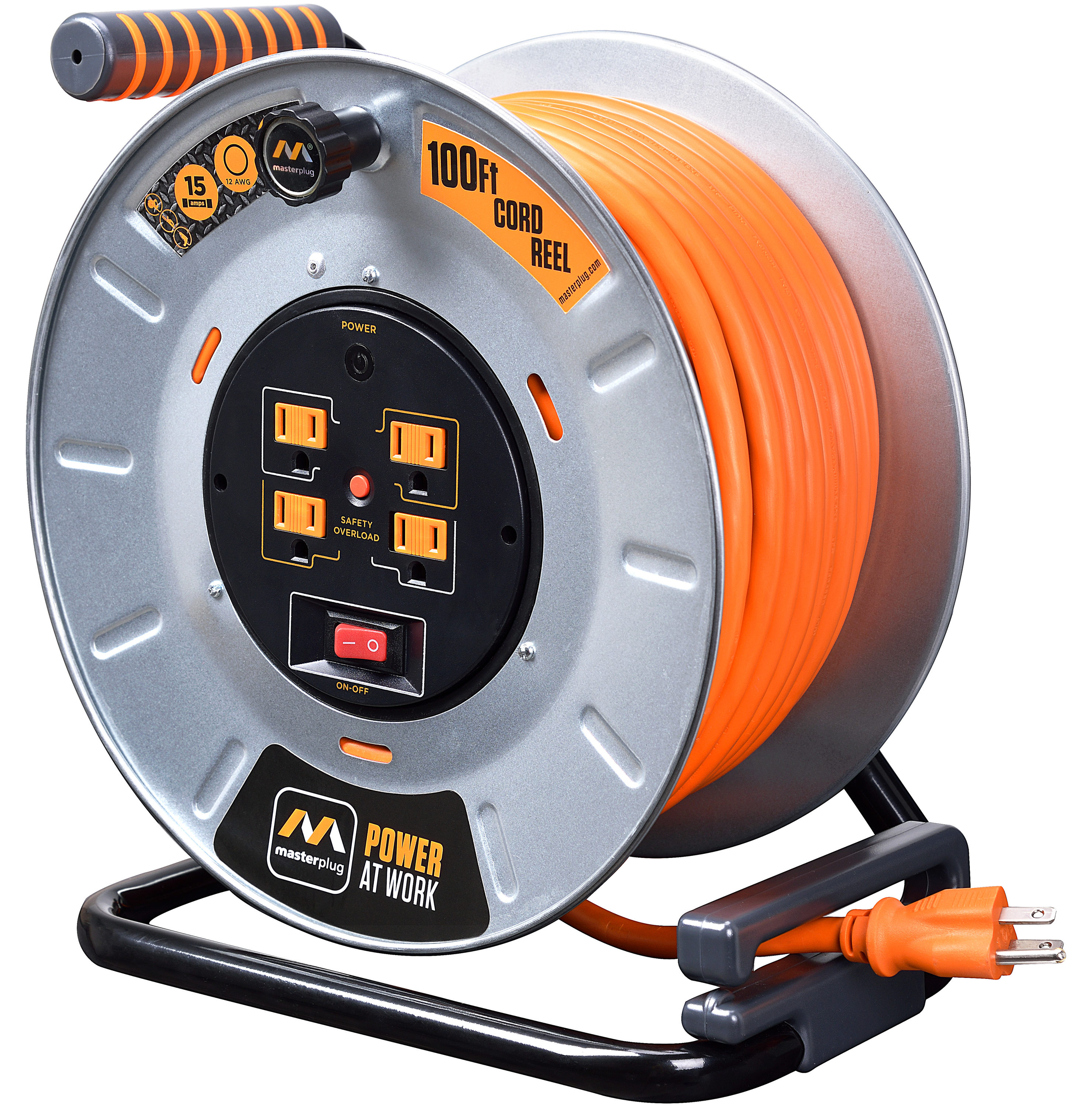 Masterplug 100Ft 4 Sockets 15A 12Awg Large Open Metal Reel in the ...