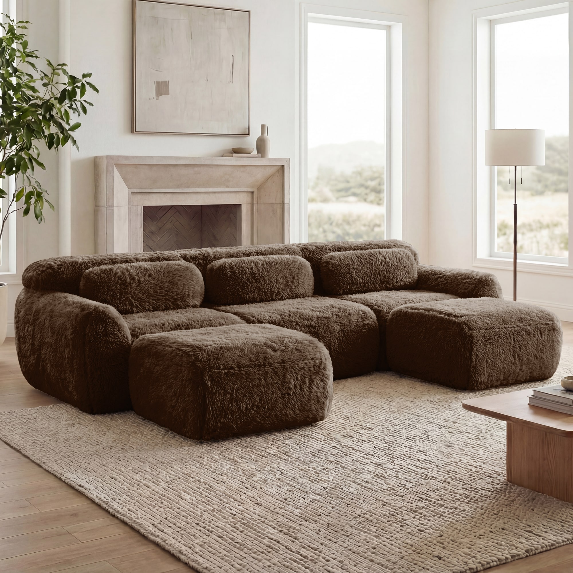 Homy Casa - PUFF 114-in W Chocolate Brown Modular Plush U-Shaped Sectional Sofa with 2 Ottomans C...