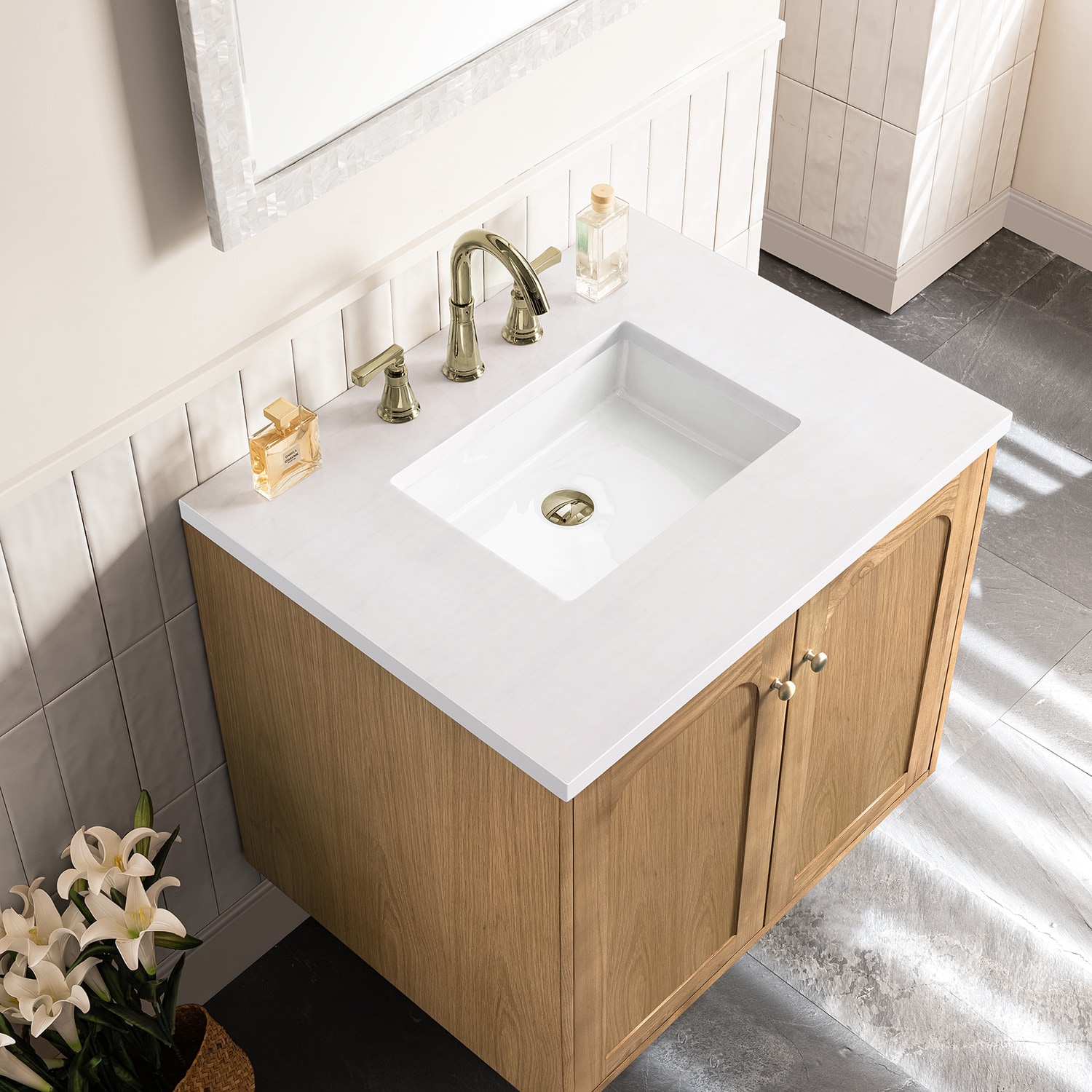 Light Natural Oak Wall-Mount Single Vanity with White Quartz Top
