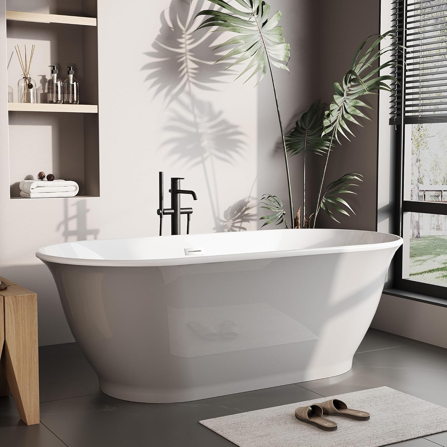 GAOMON 59 Inch Acrylic Freestanding Soaking Tub with Drain and Overflow Contemporary Stand Alone Bathtub for Modern Bathroom Renovation Gray