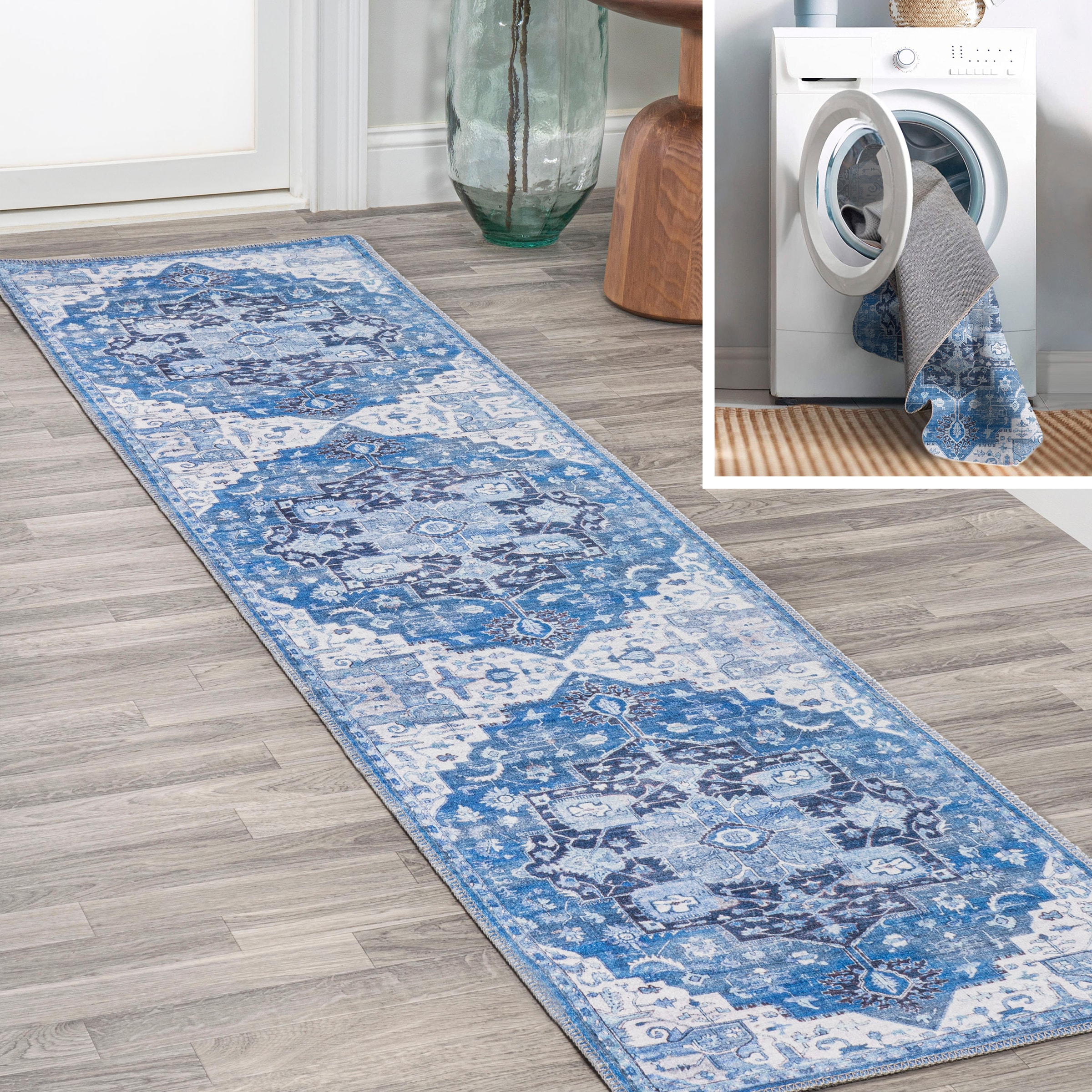 JONATHAN  Y WSH109B-28 WASHABLE Maris Ornate Medallion 2 x 8 (ft) Loomed Polypropylene Blue/Navy Rectangular Indoor Border Bohemian/Eclectic Machine washable Runner rug