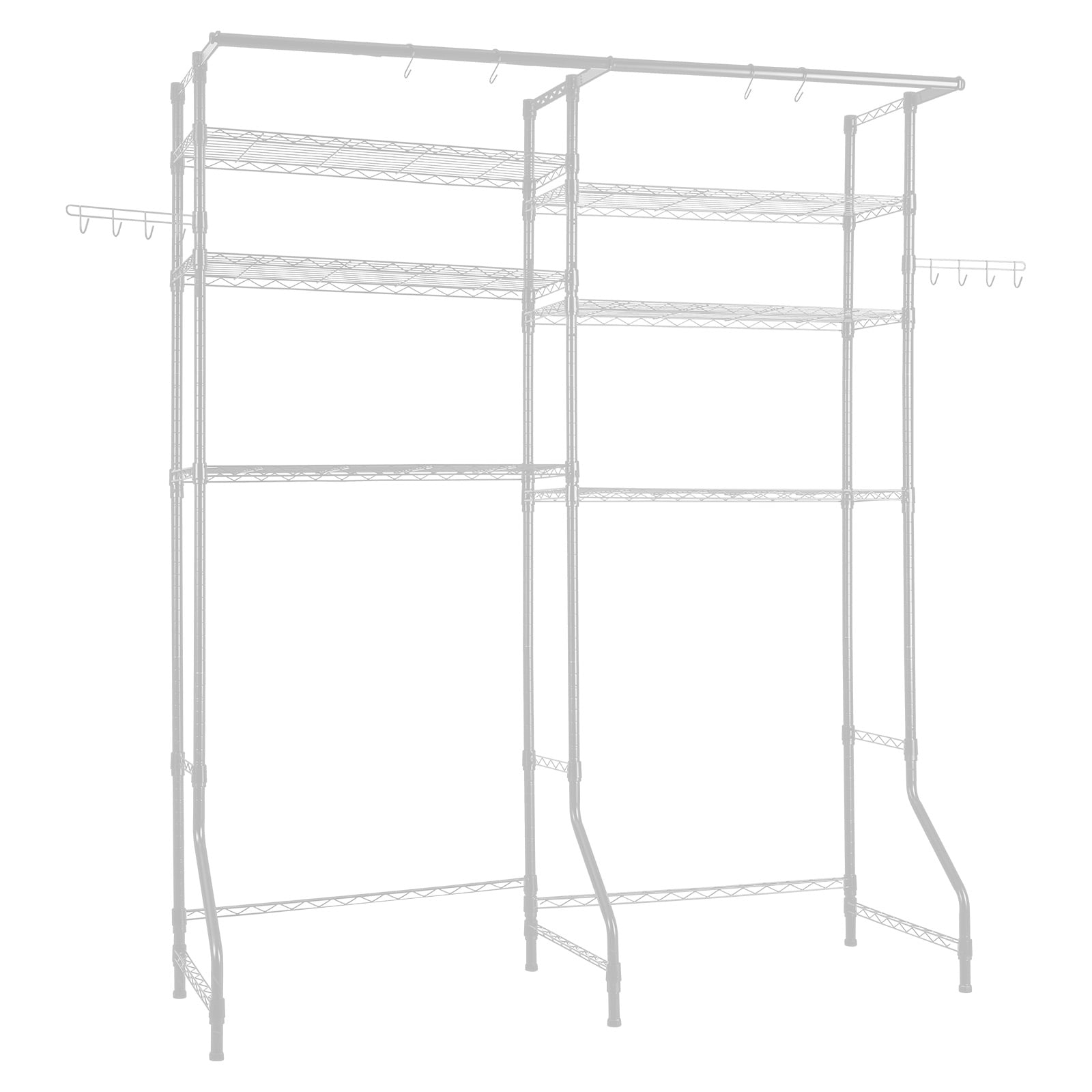 GIVIMO 6-Tier Over Washer and Dryer Storage Shelf 63.39-in W x 77.36-in H with Two Adjustable Columns Hanger Rods 4 Cone Hooks 573-lb Maximum Capacity Anti-Tip Device Adjustable Levelers and Coated Carbon Steel Frame in White for Laundry Rooms