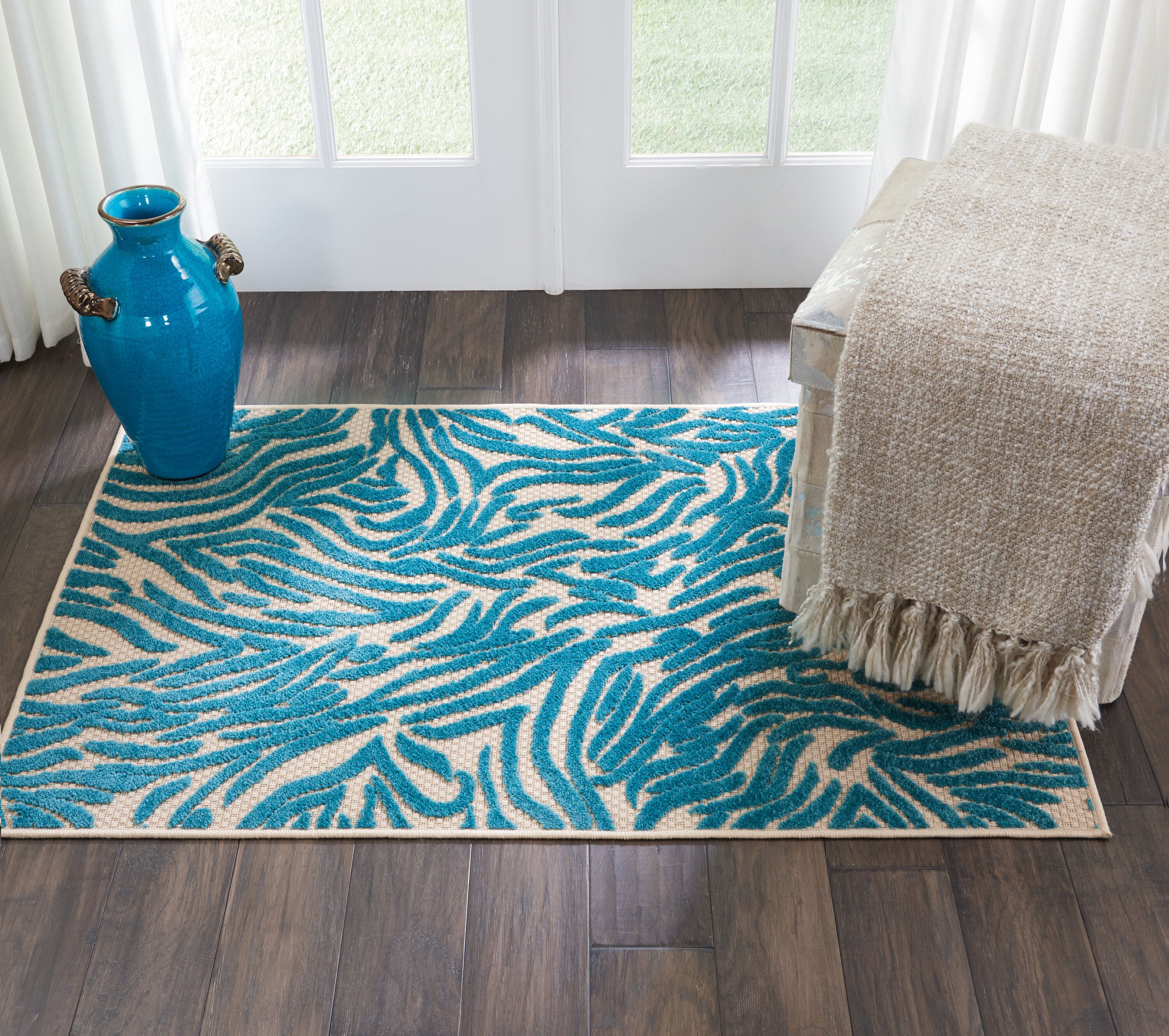 Nourison 99446298980 Aloha 2 x 4 (ft) Polypropylene Blue Rectangular Indoor/Outdoor Geometric Coastal Area rug