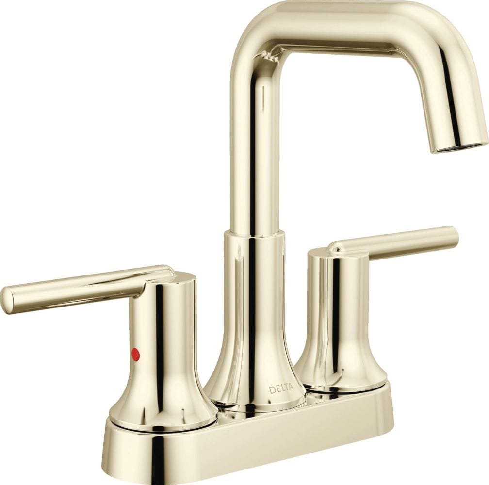 Delta 2554-PNMPU-DST Trinsic Polished Nickel 4-in centerset 2-handle WaterSense High-arc Commercial/Residential Handle Bathroom Sink Faucet with Drain with Deck Plate
