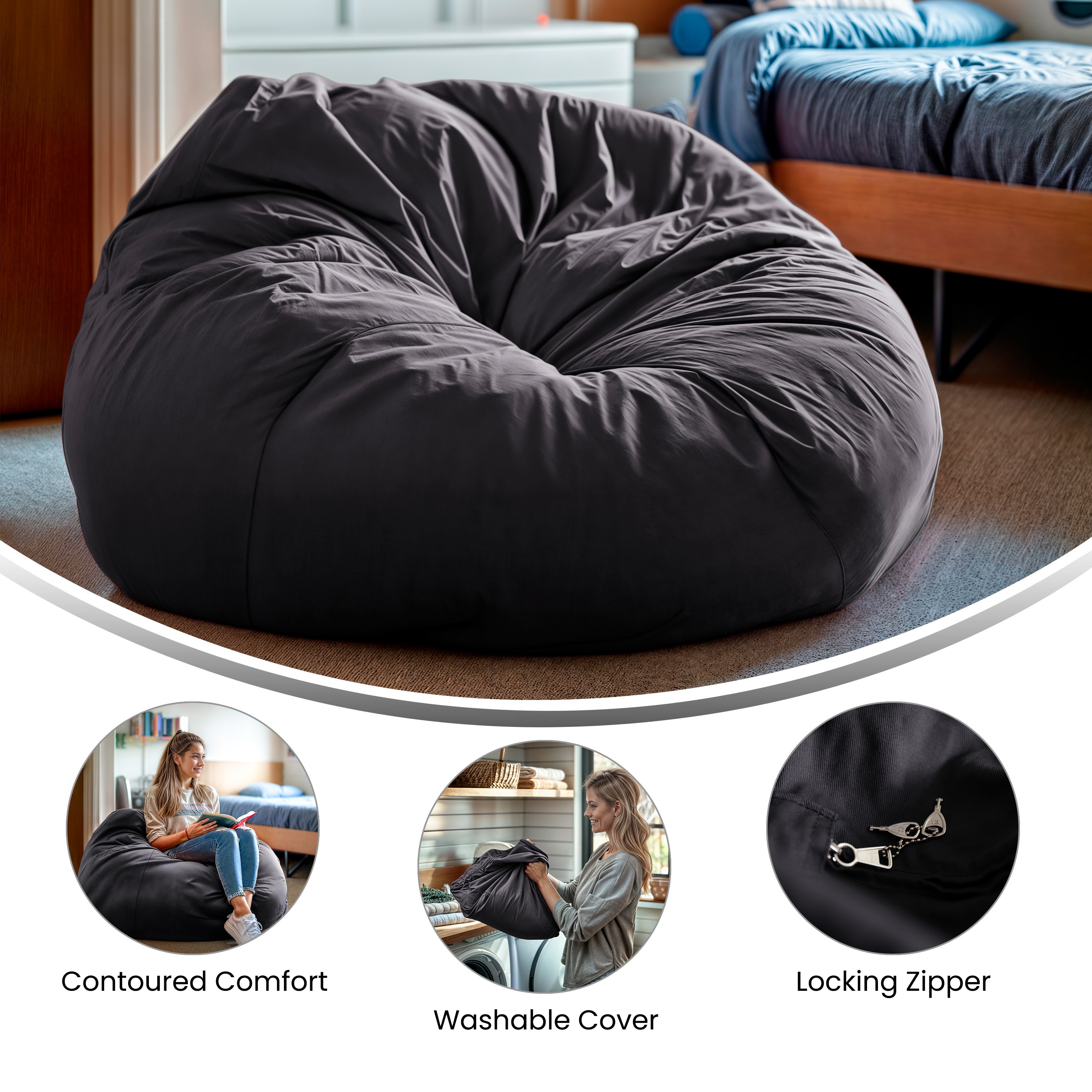 Oversized Gray Bean Bag Chair with Removable Fabric Cover