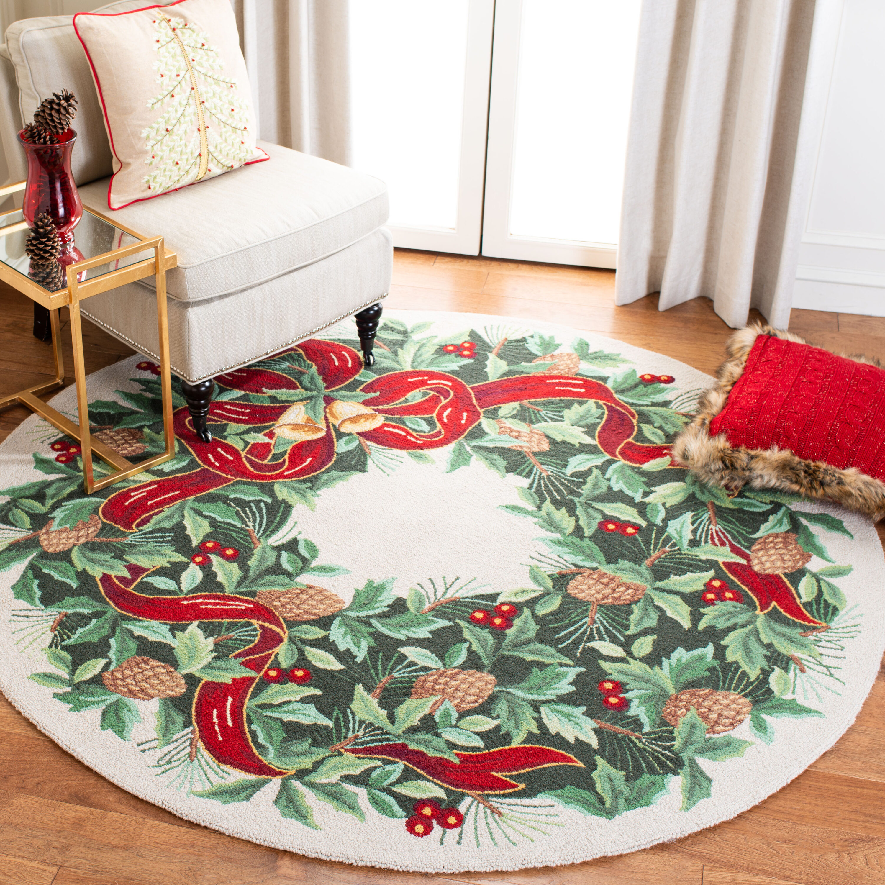  Vp323 Ivory/Green Novelty 5ft x 5ft Round Rug