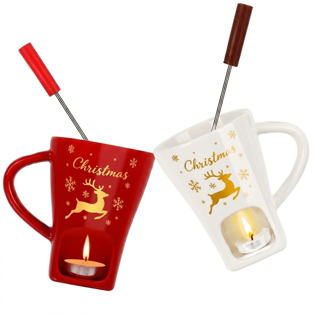 Aoibox -  2 Pack Mini Ceramic Chocolate Fondue Mugs with 4 Forks and 4 Tealights Festive Holiday ...