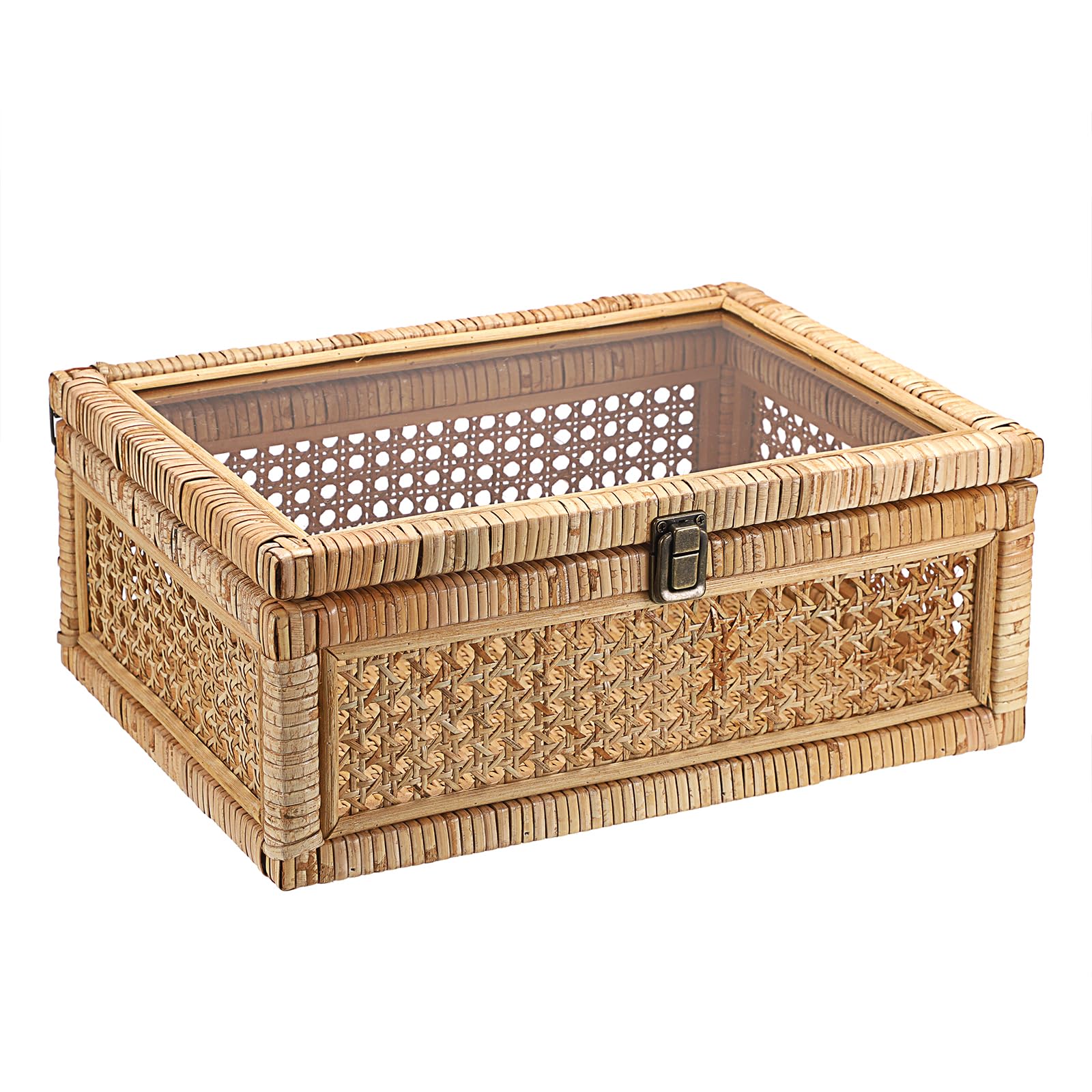 Etokfoks  Vintage Natural Rattan Color Family 14 in x 10 in Decorative Wood and Rattan Basket with Clear Lid 1 Piece