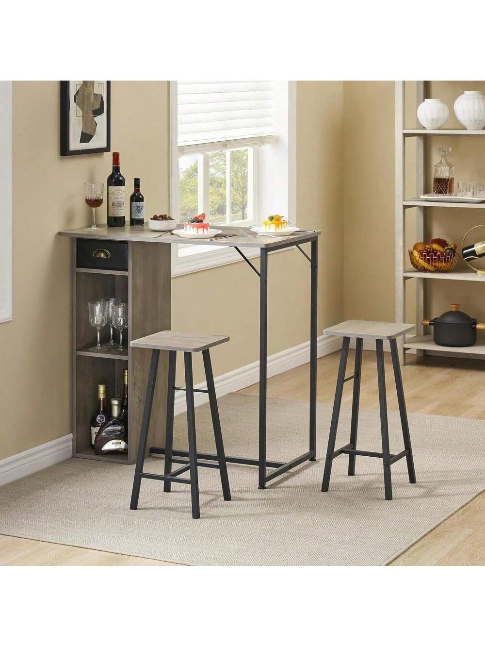 Qeetex PHO-15W12W2O-HF4 Grey Bar Table and Chairs Set. Dining Table Set. 3pcs Kitchen Dining Table Set with Storage Drawer and Shelf. Pub Table and Chairs Set for Small Spaces and Apartments