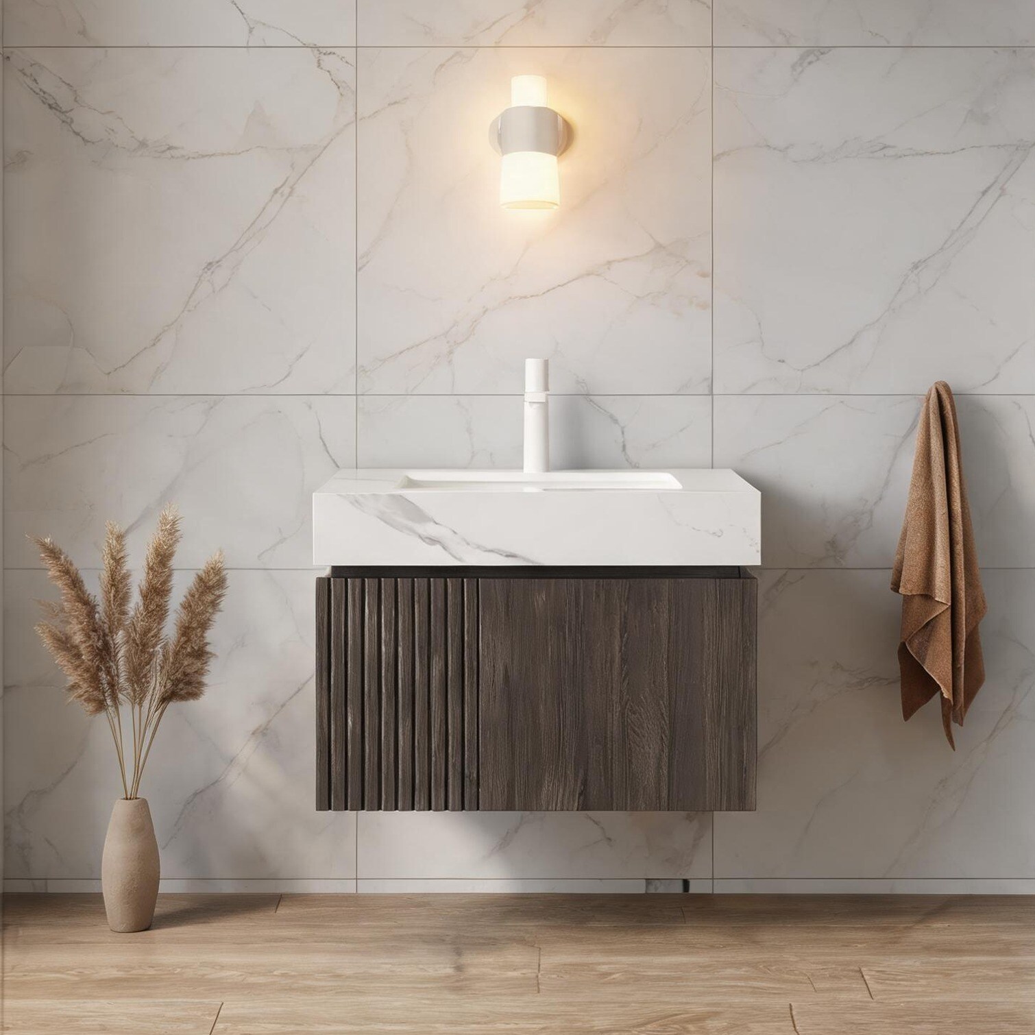 SunJet 24-Inch Floating Bathroom Vanity with Sink Modern Crisp White Sintered Stone Top Espresso Woodgrain
