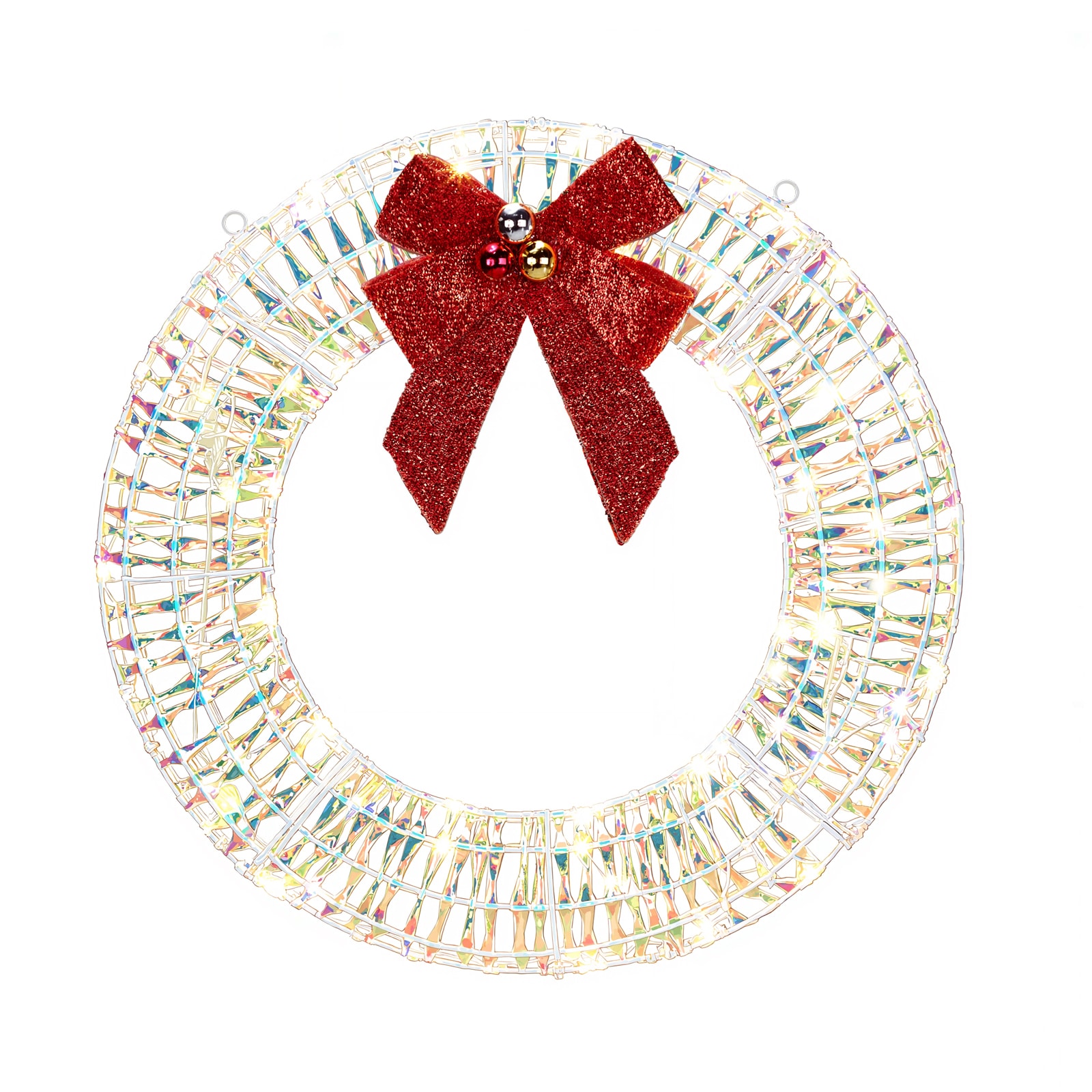 VINGLI 24-in Pre-lit Iridescent Outdoor Christmas Wreath Decoration with Red Bow and 84 Warm White LED Lights for Gate Silver