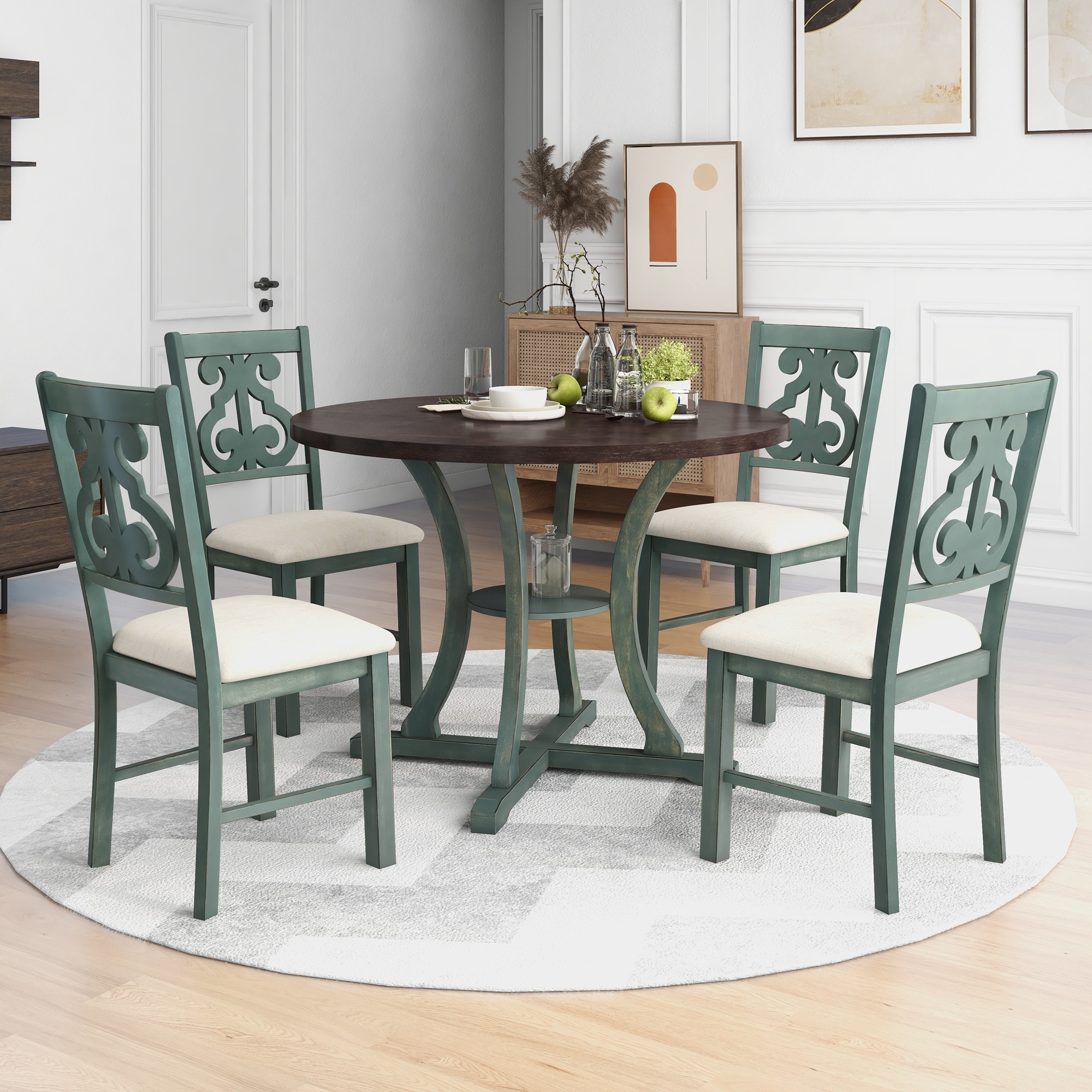 Qualler TRAPR0056C Dark Brown,Viridian Contemporary/Modern Dining Room Set with Round Table ( Seats 4 )