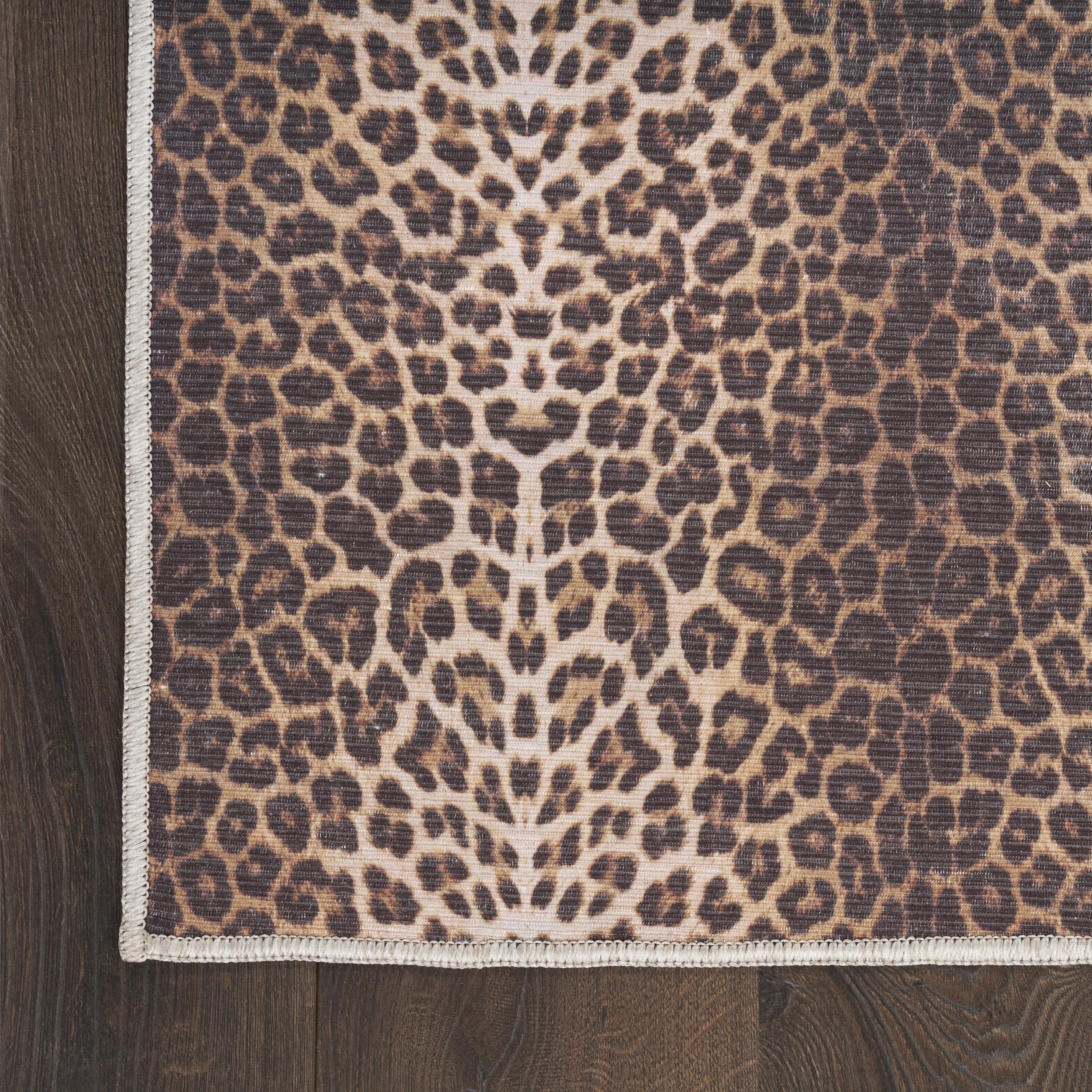 Leopard Print Brown and Beige Rectangular Washable Area Rug