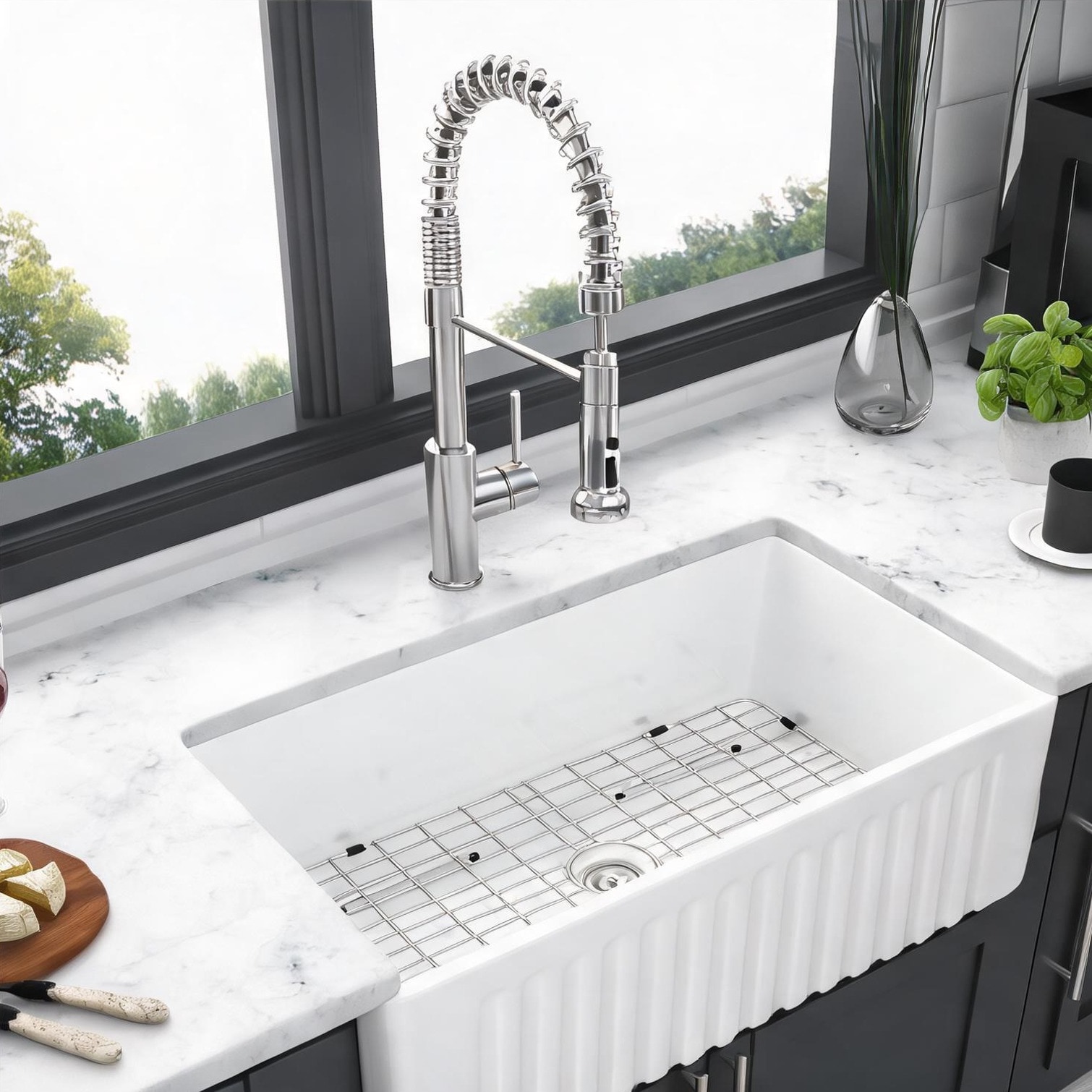 Naturefalls Farmhouse Single Bowl Kitchen Sink 30x18x10 in Crisp White Porcelain Ceramic with Stainless Steel Drain Assembly