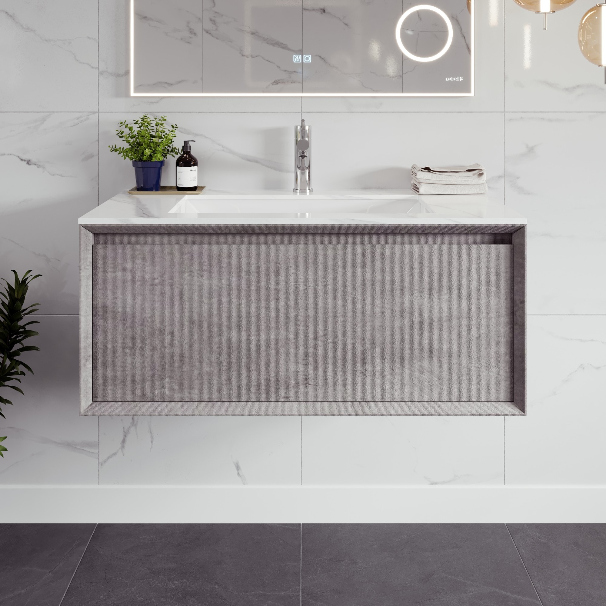 Eviva Aurora Concrete Gray Undermount Floating Bathroom Vanity with White Quartz Top