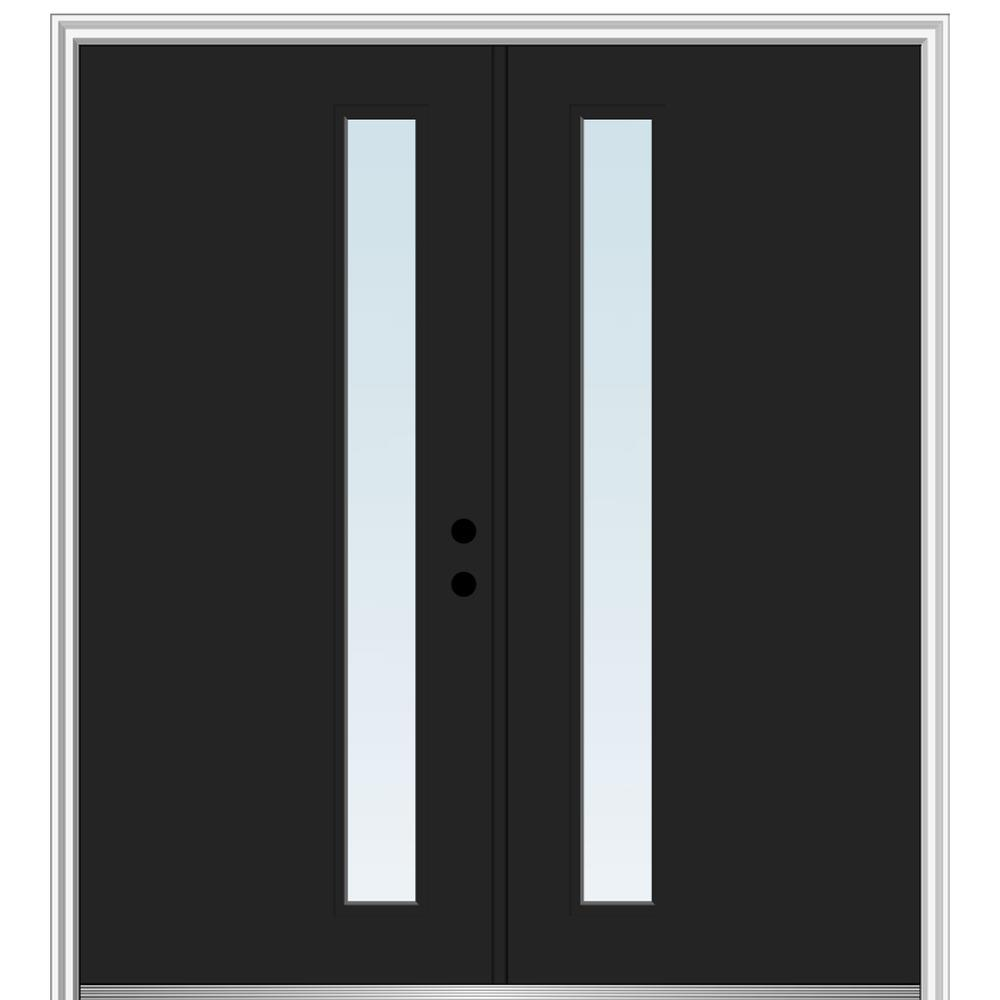 MMI DOOR ZZ345781L Spotlights 72-in x 80-in x 4-9/16-in Fiberglass Pulse lite Left-hand inswing Black Painted Prehung Double Front Door with Brickmould Insulating core