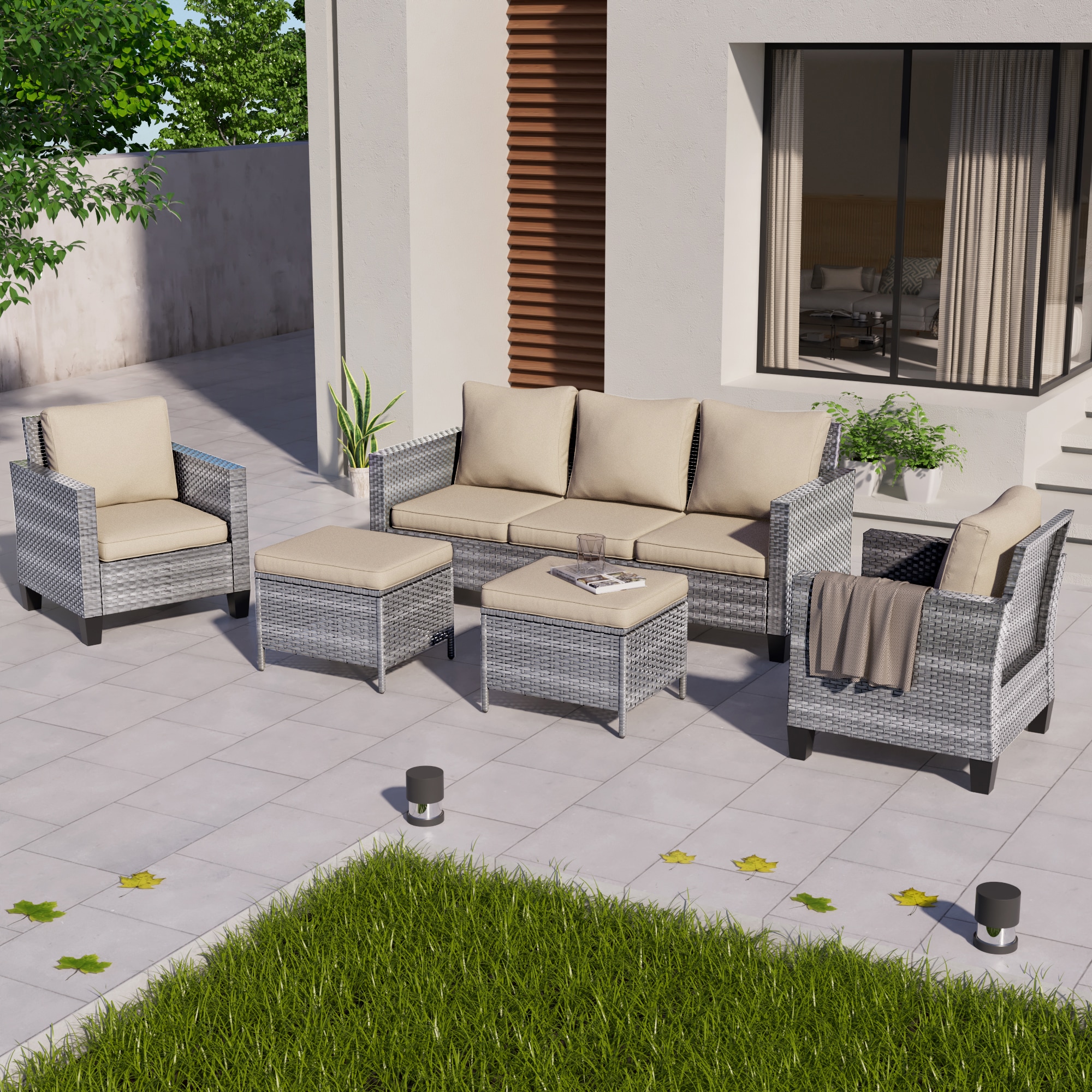 ACEGOSES LW-115HBG-T3 5 -Piece Wicker Patio Sofa Conversation Set with Tan Cushions