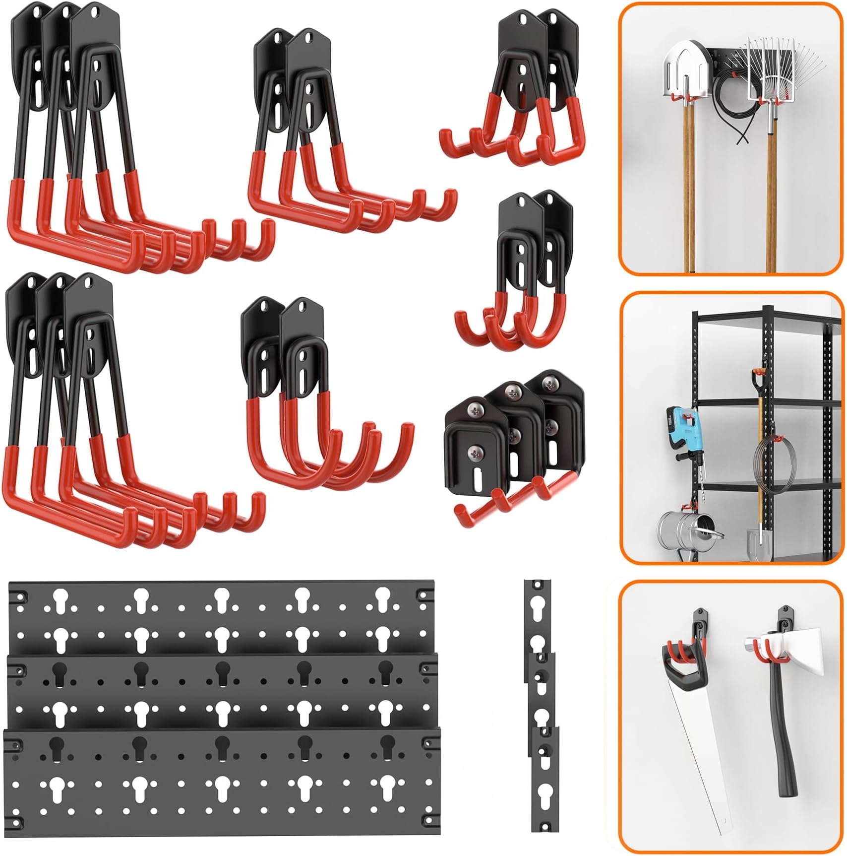 Afoxsos 24 Piece Garage Storage Hook Set with Tracks Wall Mount Tool Organizer for Garden Tools Ladders Cords Shovels Rakes Shelving