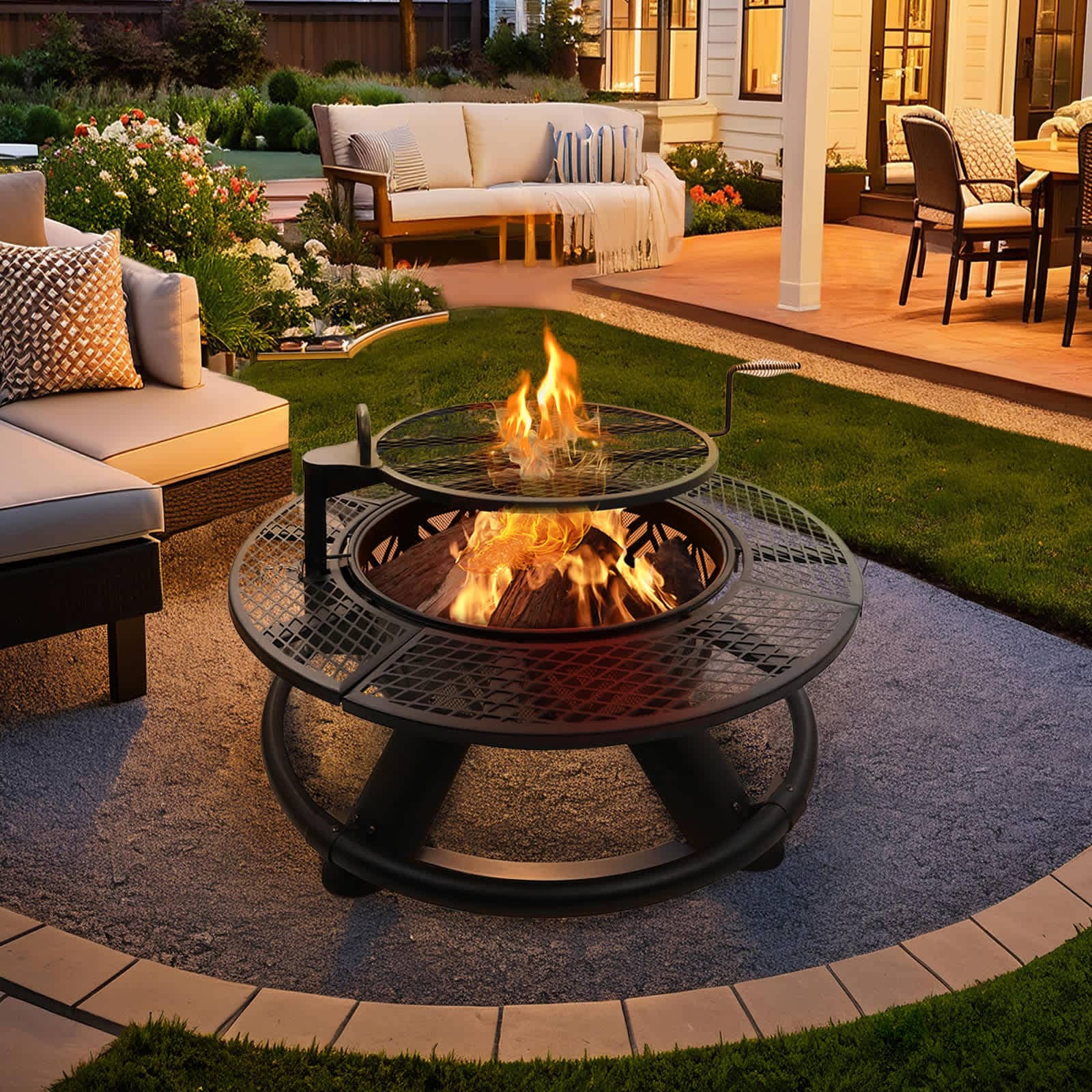 Bestier USLOW-O700711C-BLK 47 in. Wood Burning Fire Pit Outdoor Backyard Patio Fire Pit with Cooking Grill Grate - Geometric Style