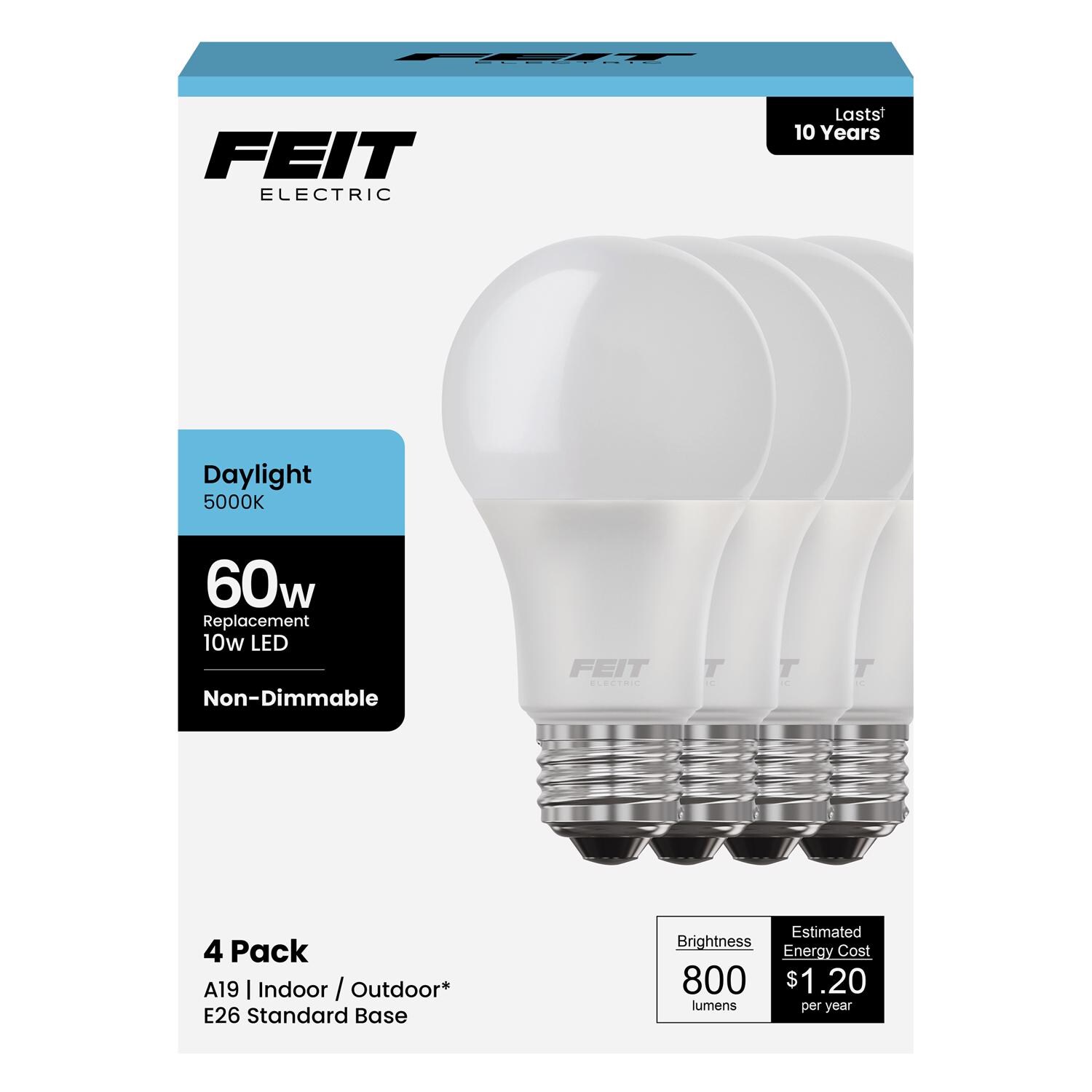 Feit Electric EJD3001124 A19 E26 Medium LED Bulb Daylight 60 Watt Equivalence 4 pk