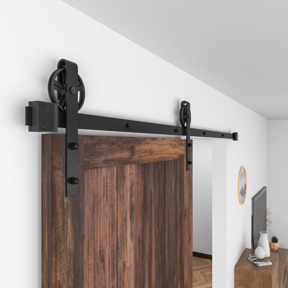 WINSOON 72-in Matte Black Indoor Spoke Wheel Single Barn Door Hardware ...