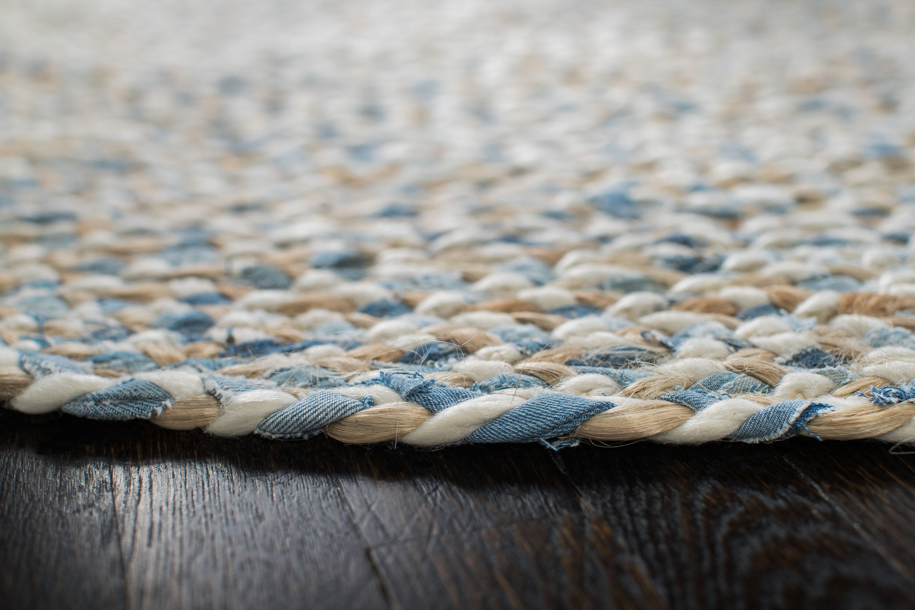 Handmade Braided Blue & White Round Wool-Cotton Blend Rug