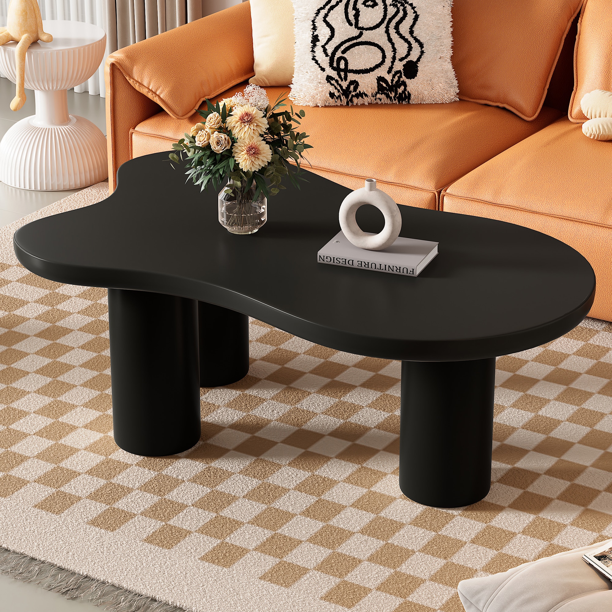 ModernLuxe N721P190395B 44inch x 25.9inch Easy Assembly Cloud Coffee Table with 1.5inch Thick Tabletop Cream Style Irregular End Table with 3 Sturdy Legs Sleek Center Table with Round Edge for Living Room Black