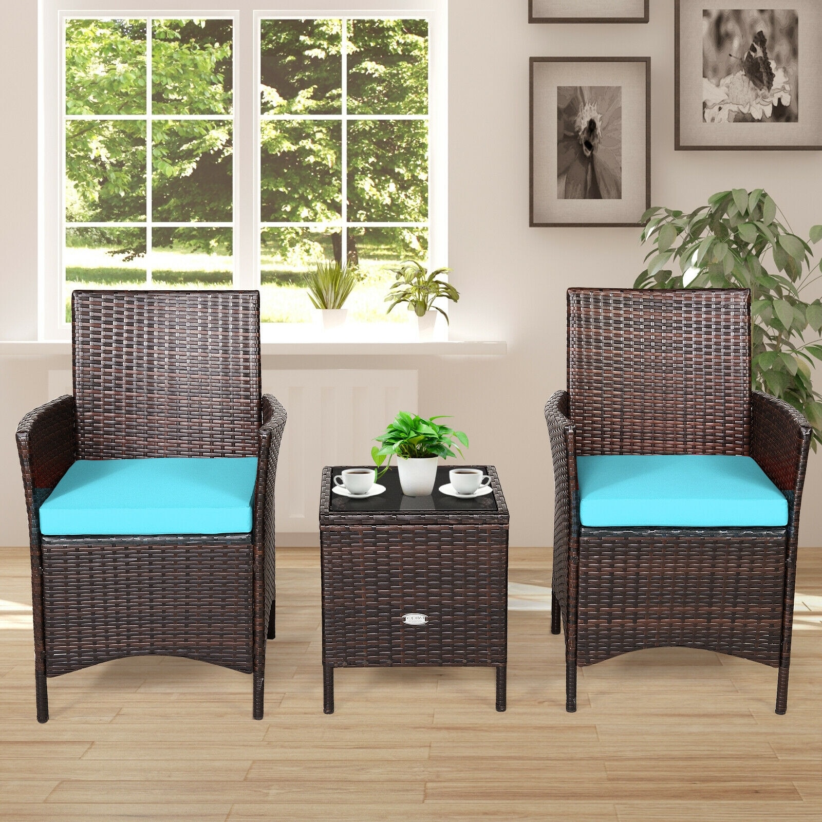 Forclover HBV-050LB 3 -Piece Rattan Patio Conversation Set with Blue Cushions