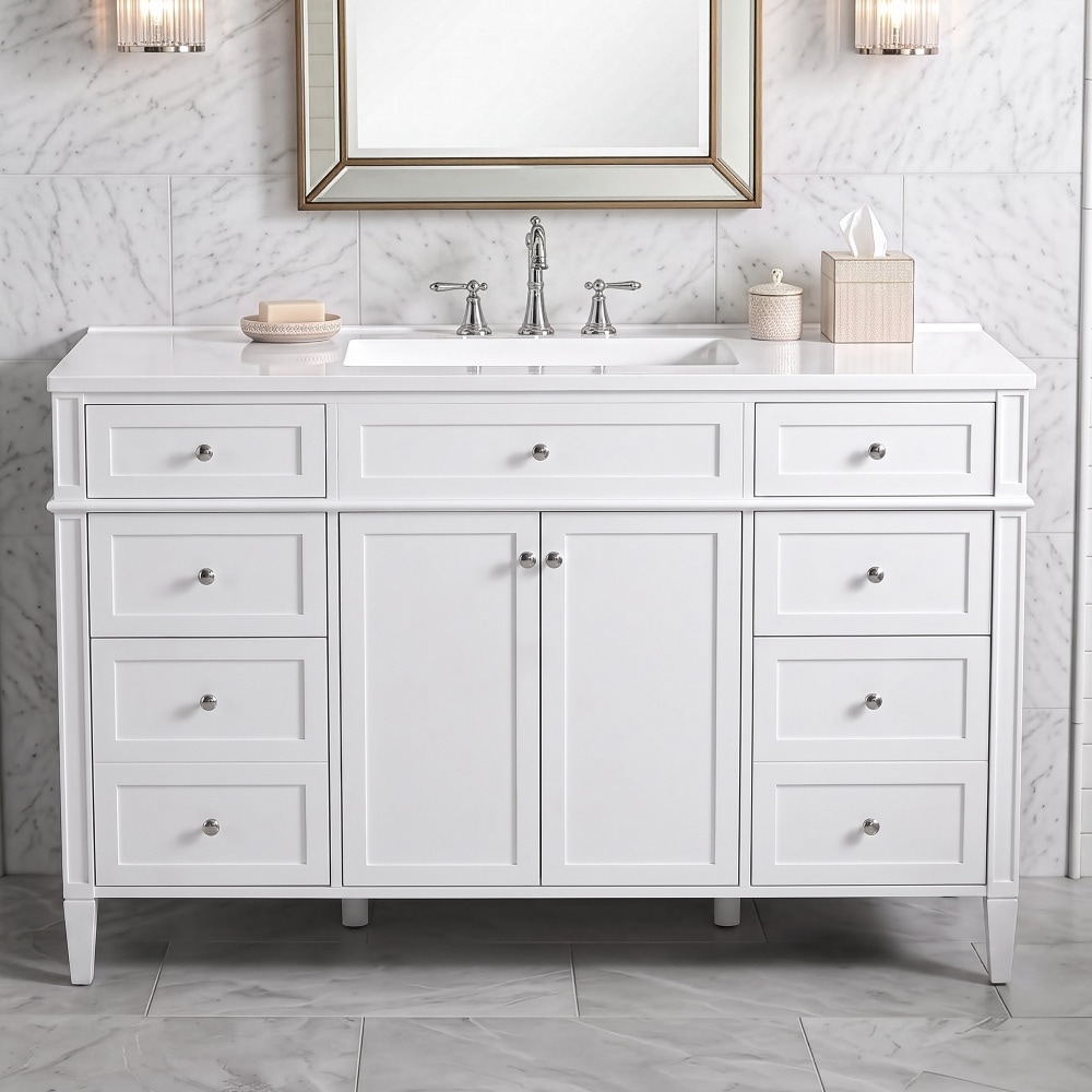 JUJABU White 48 Inch Bathroom Vanity with Sink Top 6 Drawers and 2 Doors Silver Metal Handles