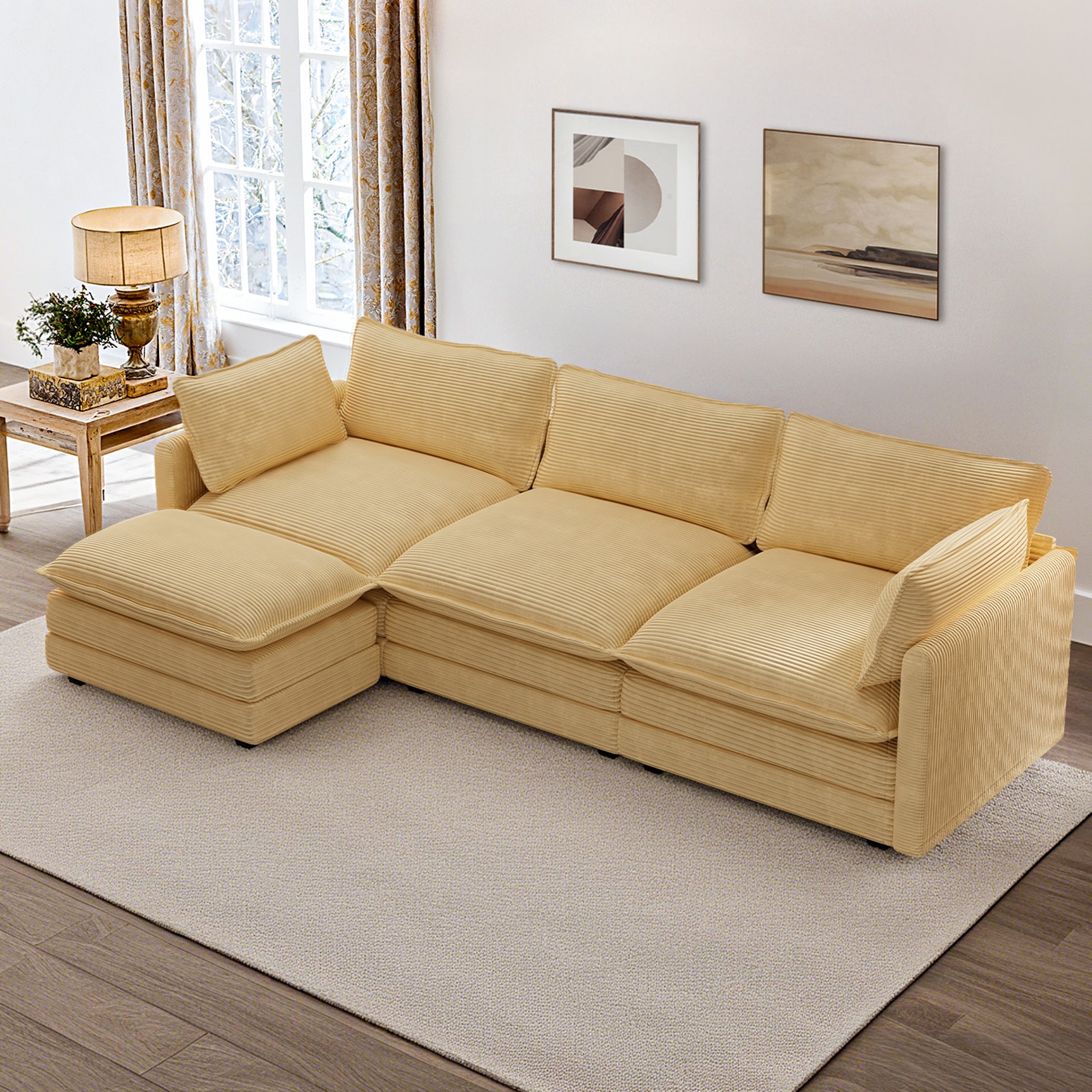 VOUA SAF-MLTER-PK Oversized Modular Sectional Sofa with Movable Ottoman 112-in Casual Yellow Microfiber 4 -seater Sectional