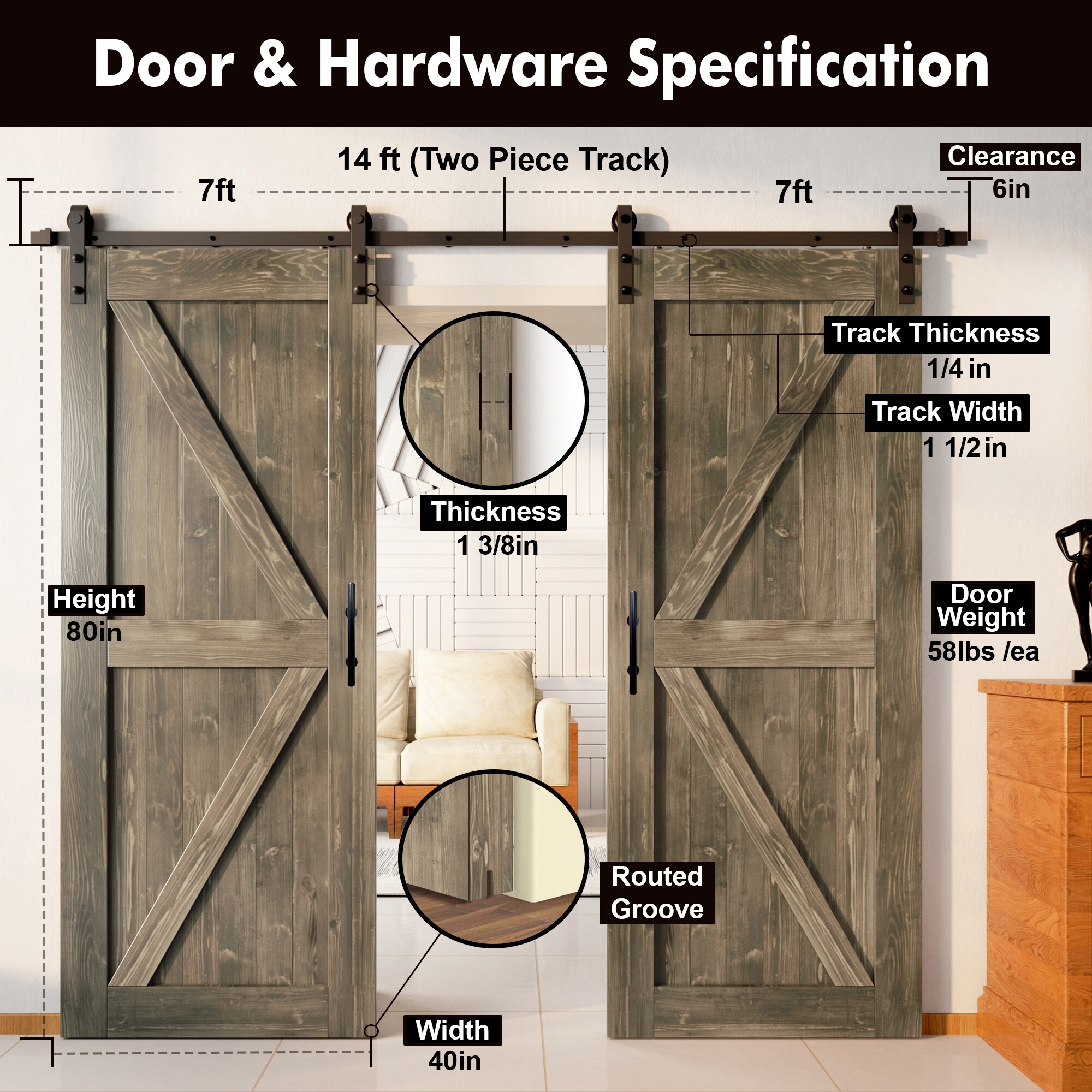HOMACER YT2TGH168C-4080F-GR Barn-Doors - View #2