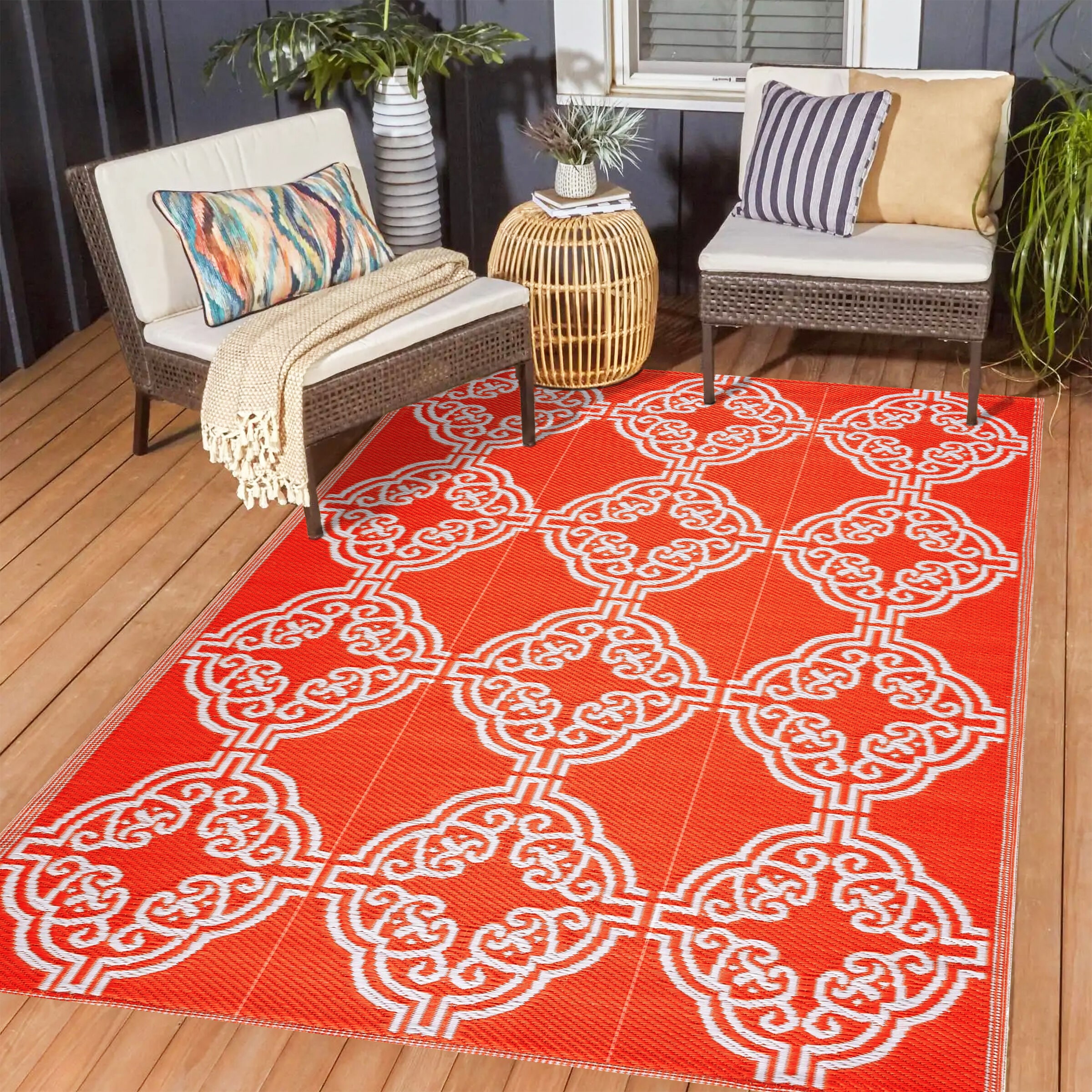 Playa Rug PLY-F-MRC-OW-8X10 8 x 10 (ft) Knotted Polypropylene Marrakesh-OrangeWhite Rectangular Indoor/Outdoor Geometric Area rug