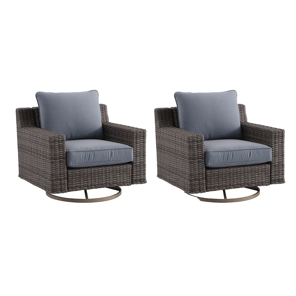 allen + roth FRS81527S Miles Park Set of 2 Woven Tan Steel Frame Swivel rocker Conversation Chair with Blue Cushioned Seat