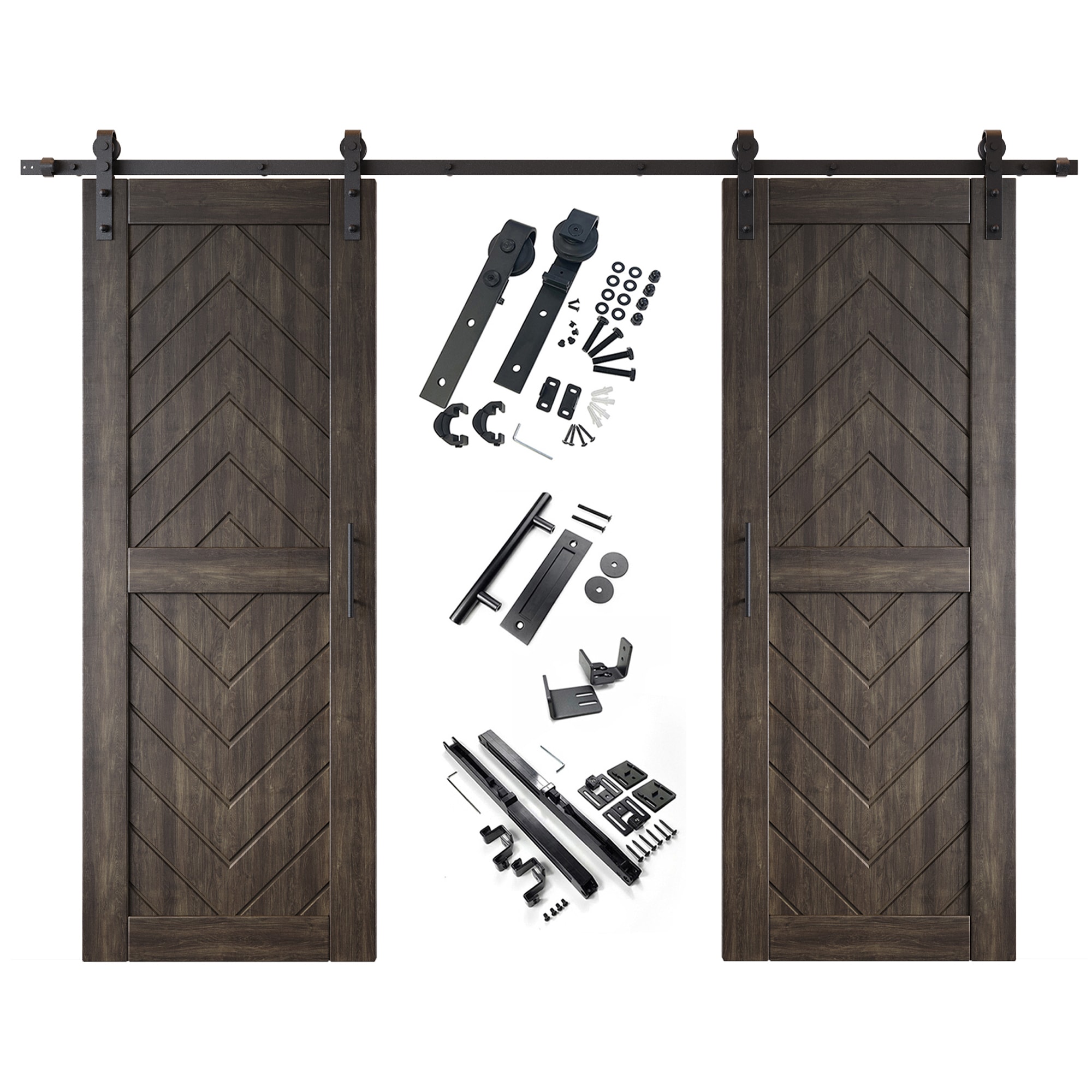 HOMACER YT2H132C-JT2-3080-EB 30-in x 80-in Ebony Herringbone Pine Wood Solid core Double Barn Door (Hardware Included)