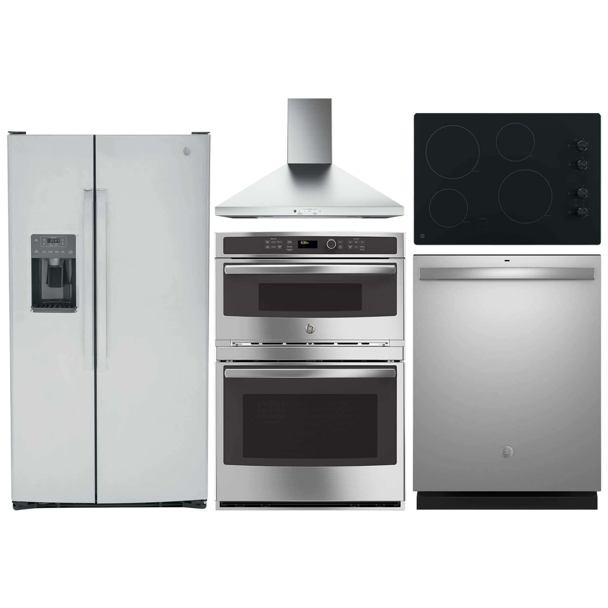 ge side-by-side refrigerator & 30-in combination double wall oven paired  with 30-in electric cooktop suite in stainless steel