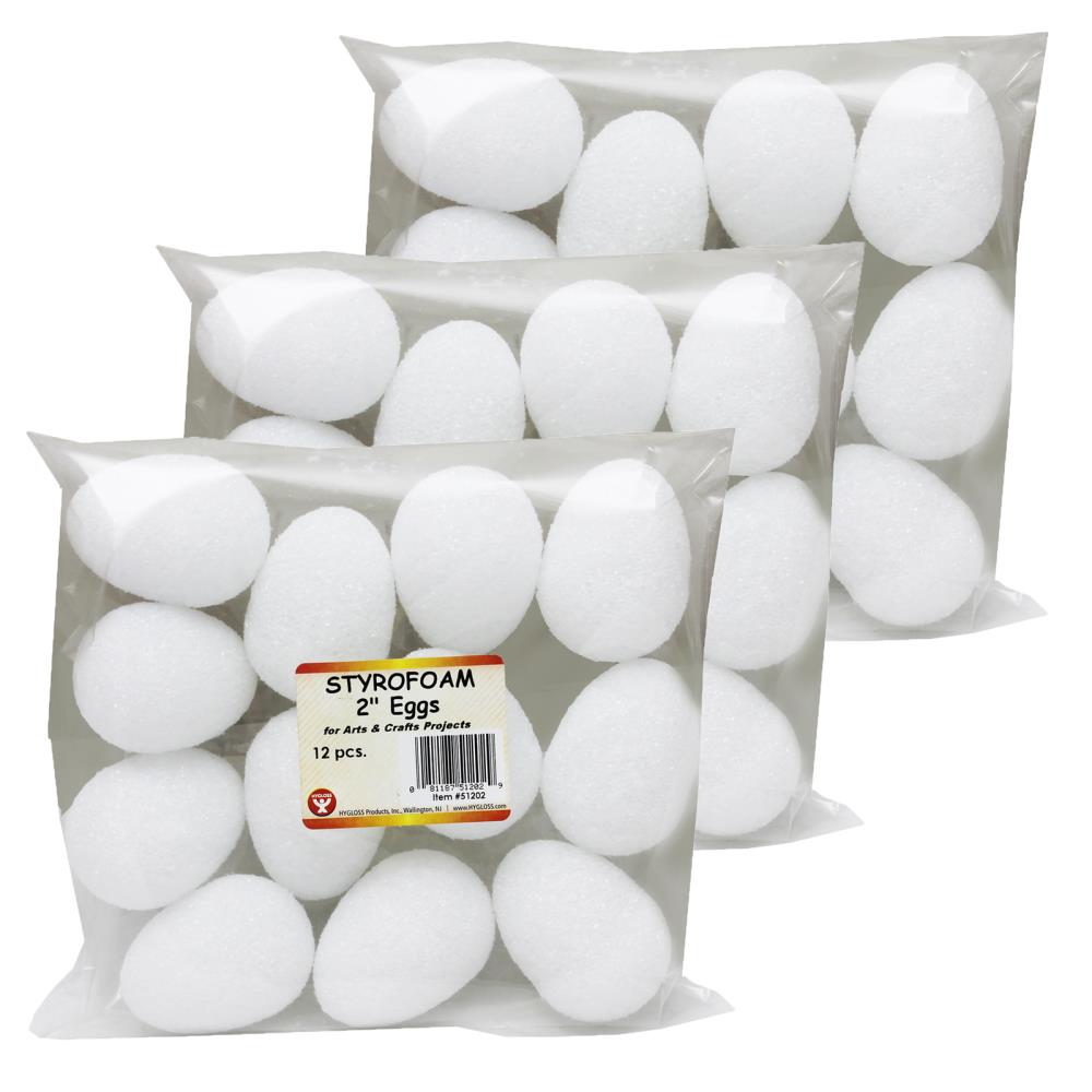 Hygloss HYG51202-3 Styrofoam 2-in Eggs, White 12 Per Pack, 3 Packs
