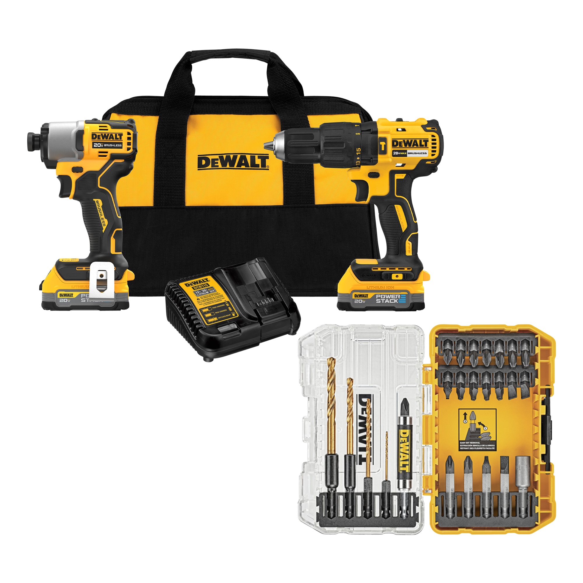 DEWALT 20V MAX Brushless Cordless Hammer Drill/Driver and Impact Driver Combo Kit with POWERSTACK Compact Batteries & TOUGH GRIP Set Steel Hex Shank