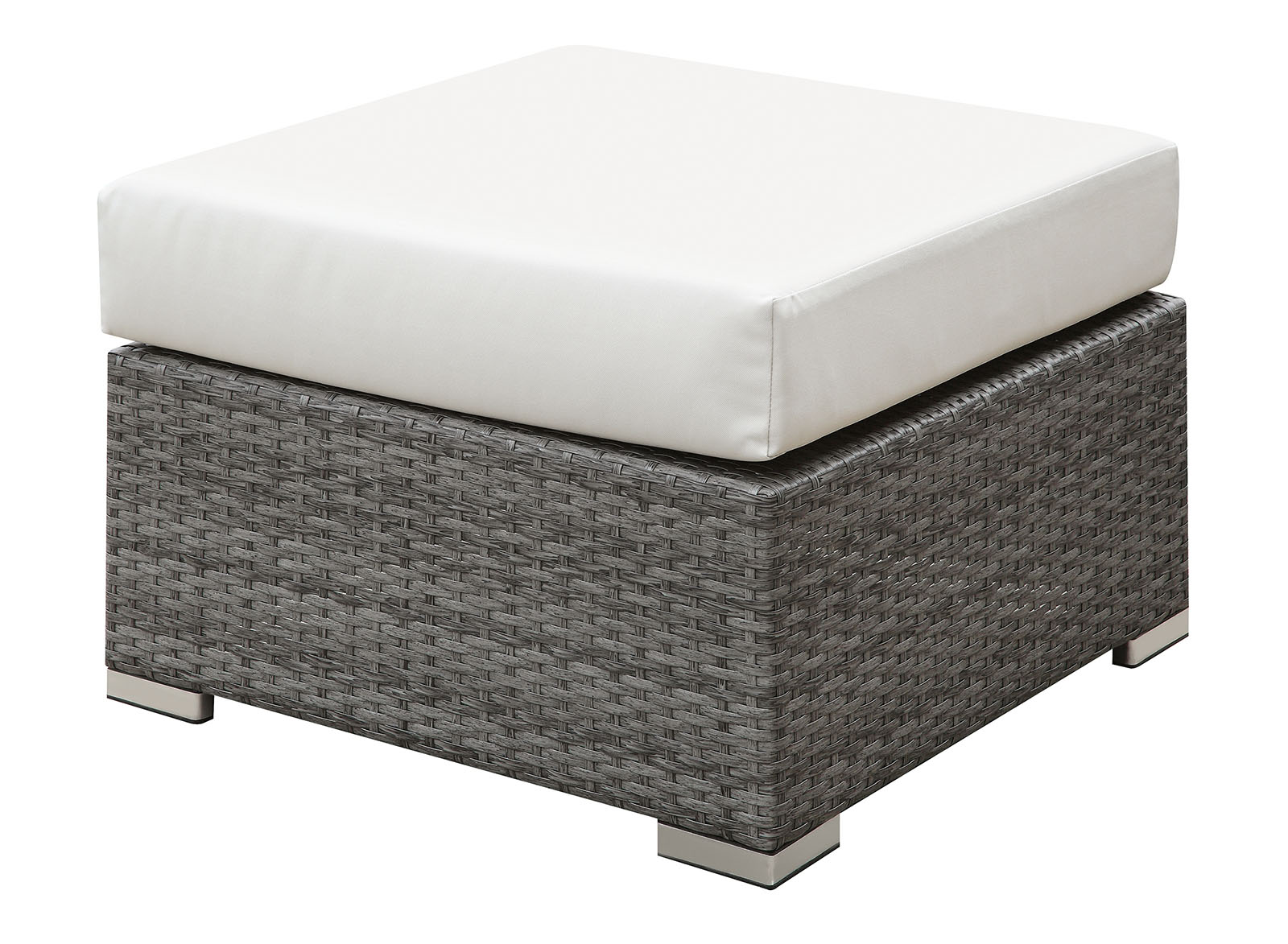 Benzara BM183743 Aluminium Frame Faux Polyester Square Ottoman, Small, White and Gray