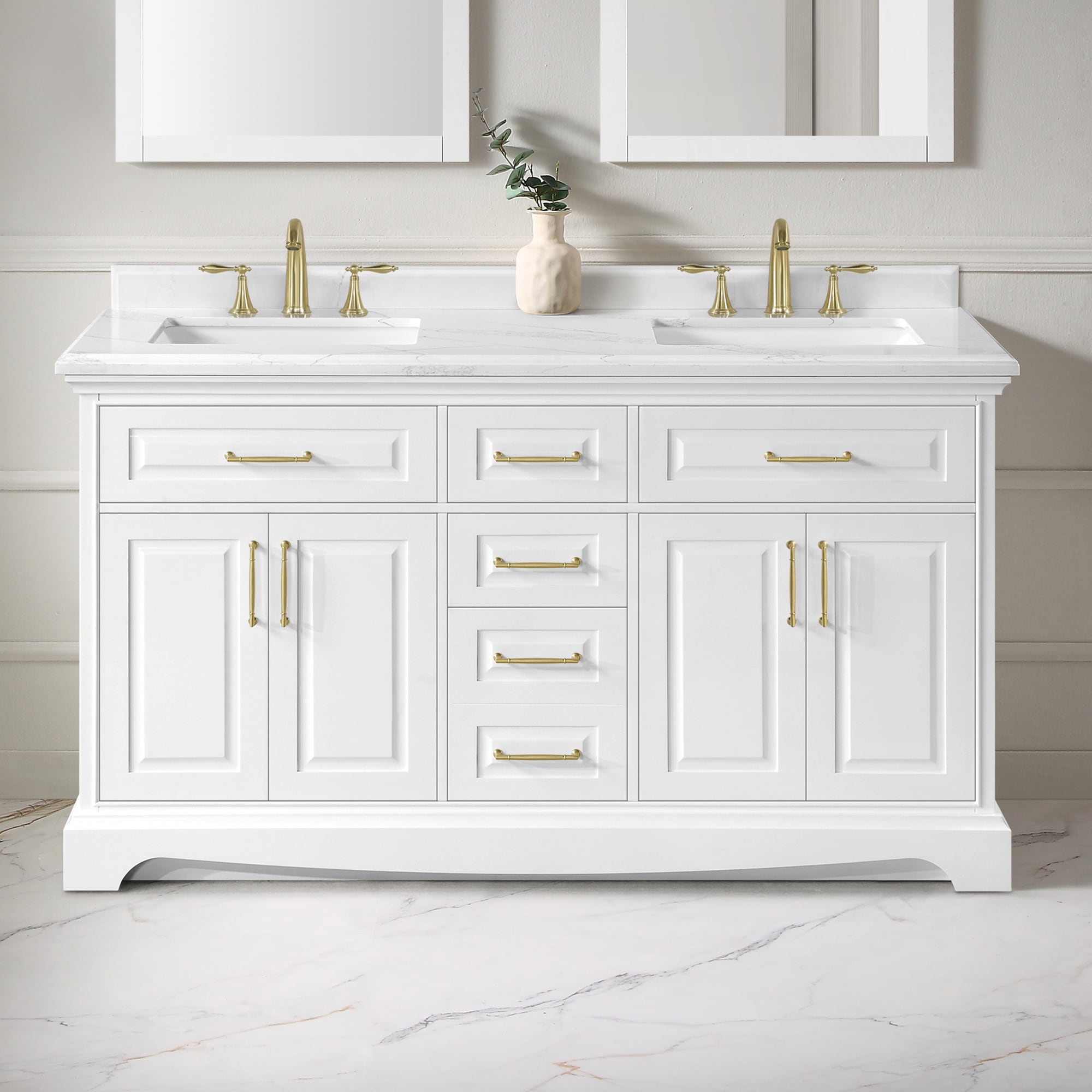 Rutherfurd 60-in Swan White Undermount Double Sink Bathroom Vanity with White Engineered Stone Top | - allen + roth RUTHERFURD 60W