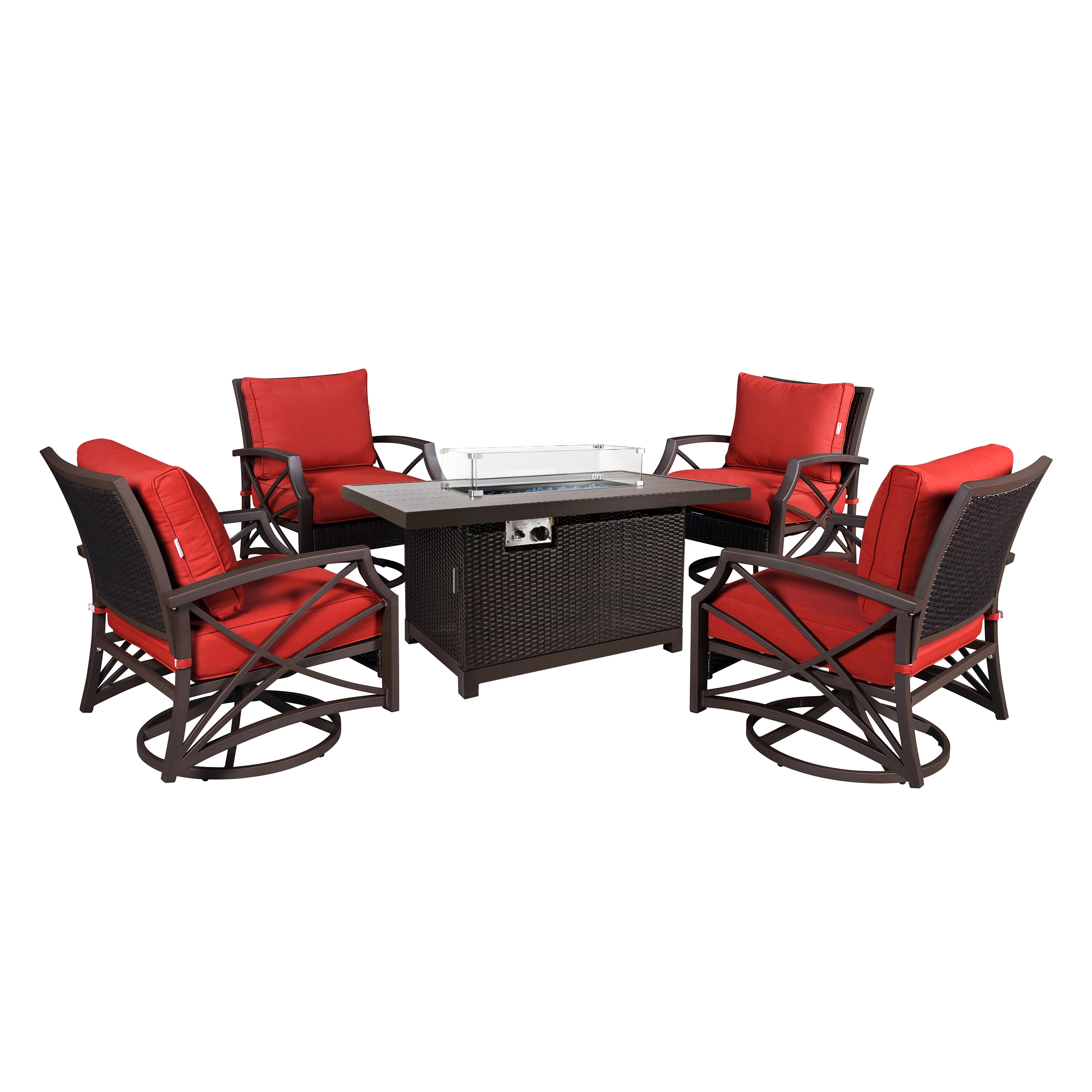 Kinger Home FP-003TBRN-SET-RED Novi 5-Piece Wicker Patio Conversation Set with Red Cushions
