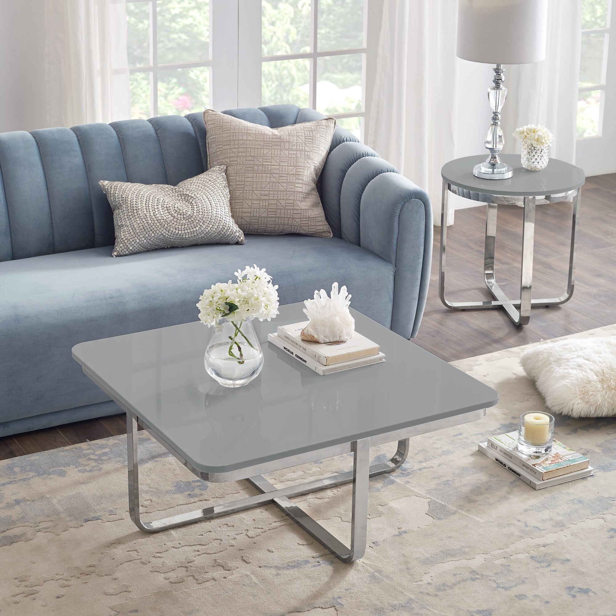 Inspired Home Lanna Light Grey/Chrome Wood Glam Coffee Table in the ...