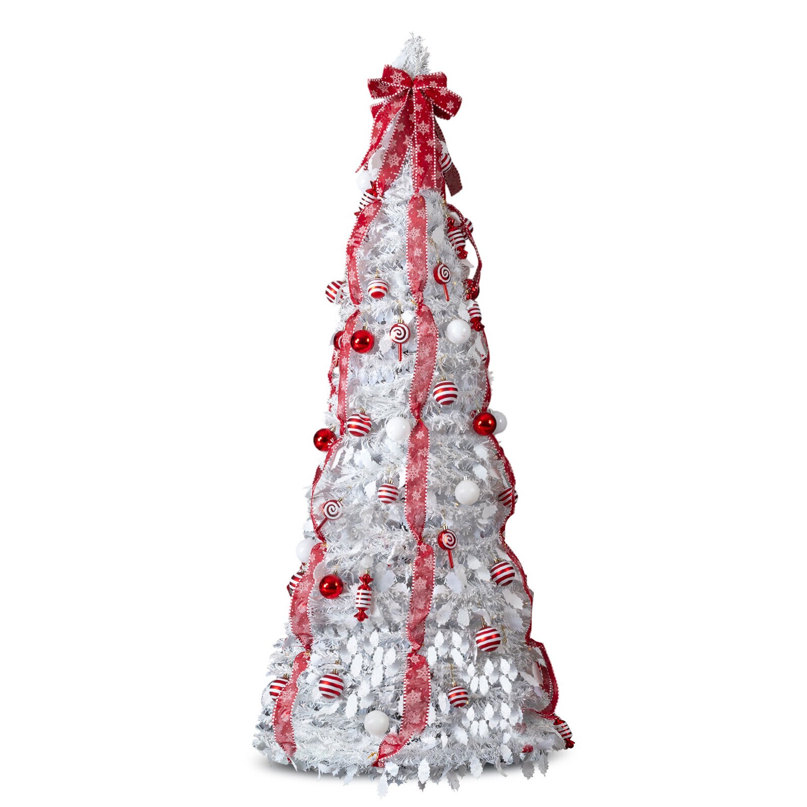 Bestcore 7-ft Pop Up Pre-Lit Christmas Tree with 170 Warm White LED Lights - Fully Decorated White Artificial Xmas Tree with Red Ornaments - 8 Light Modes