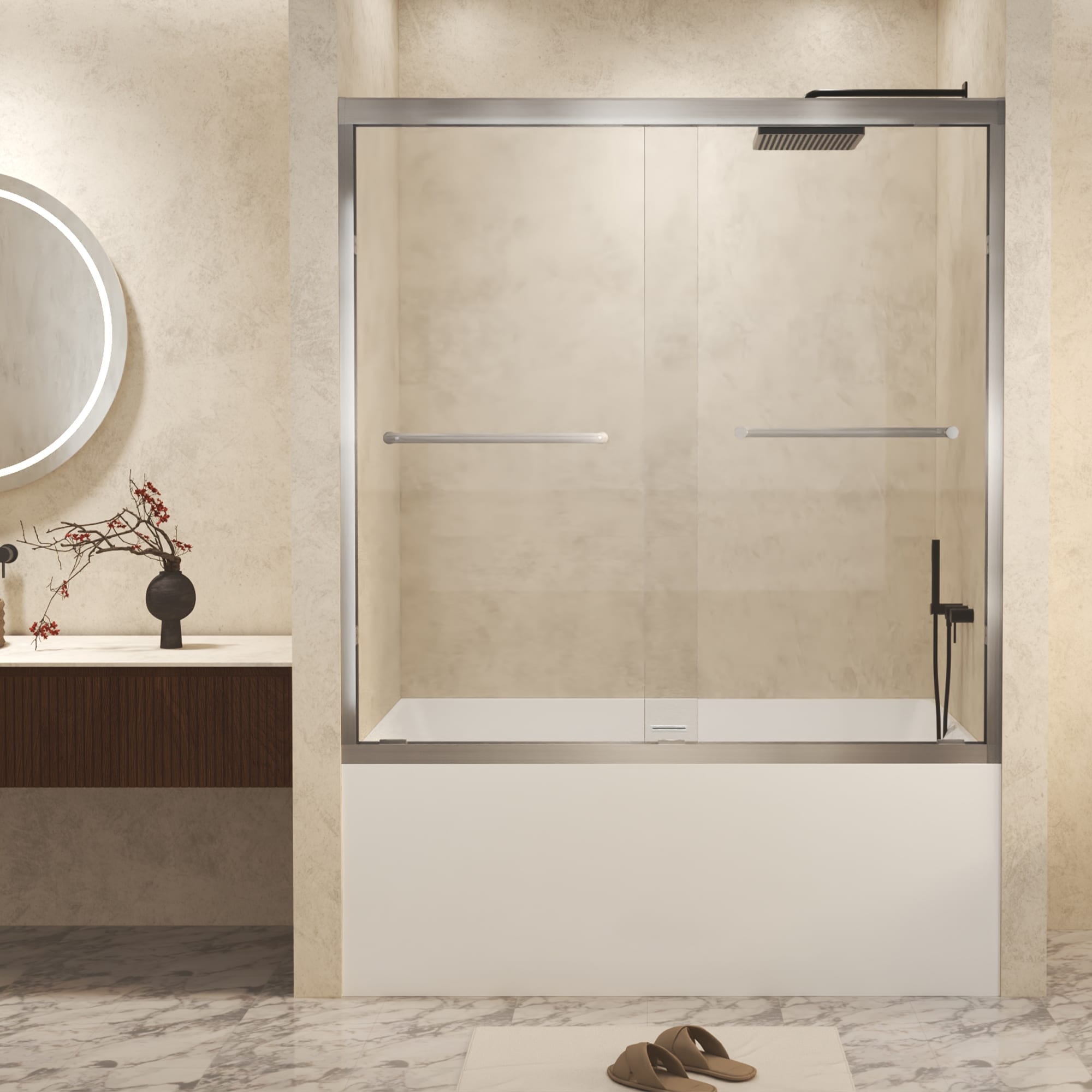 WELLFOR GTLSBWH05 Double Sliding Shower Door Brushed Nickel 56-in to 60-in W x 60-in H Framed Bypass Sliding Bathtub Door