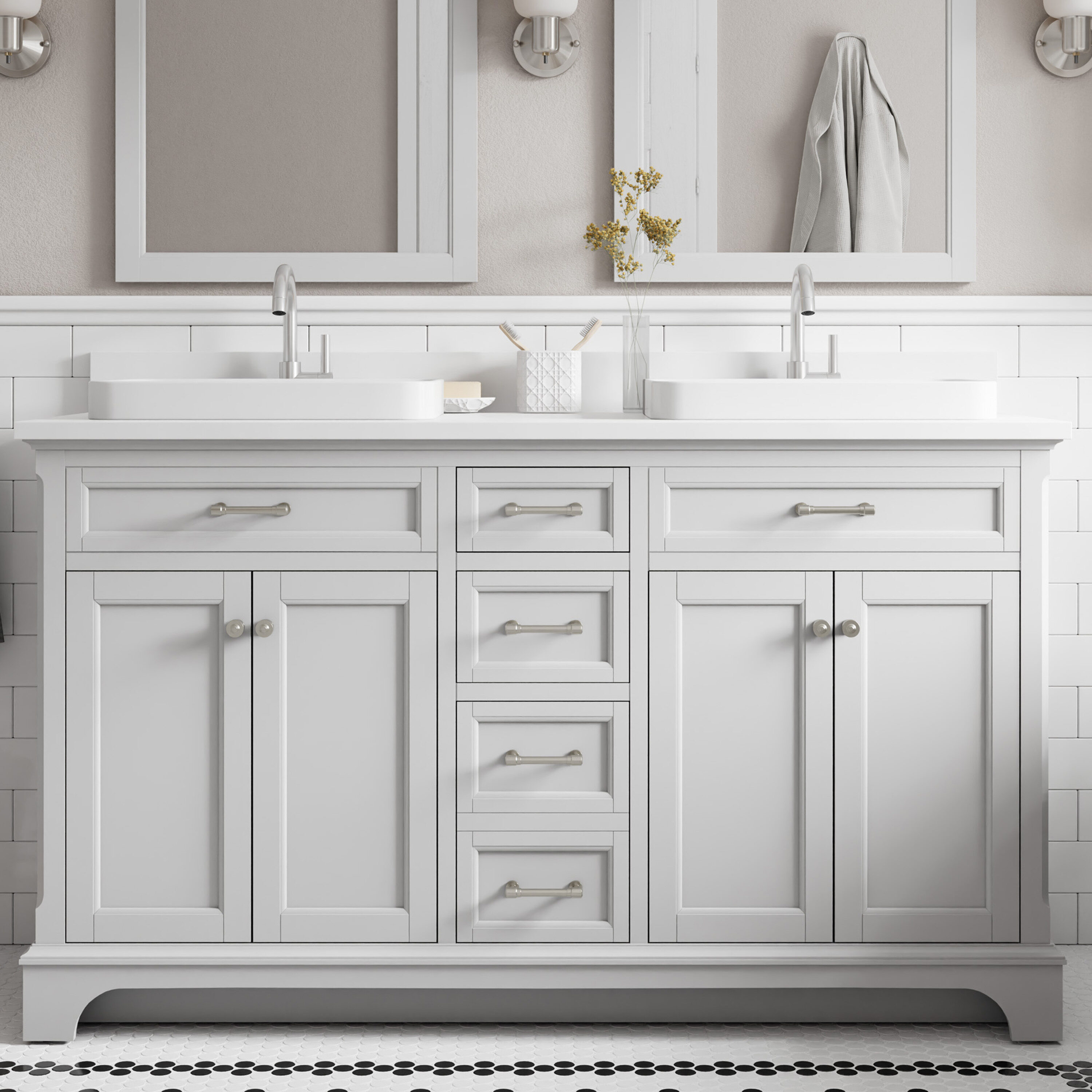 Roveland 60-in Light Gray Semi-recessed Double Sink Bathroom Vanity with White Engineered Stone Top | - allen + roth 2026VA-60-242-901-SR