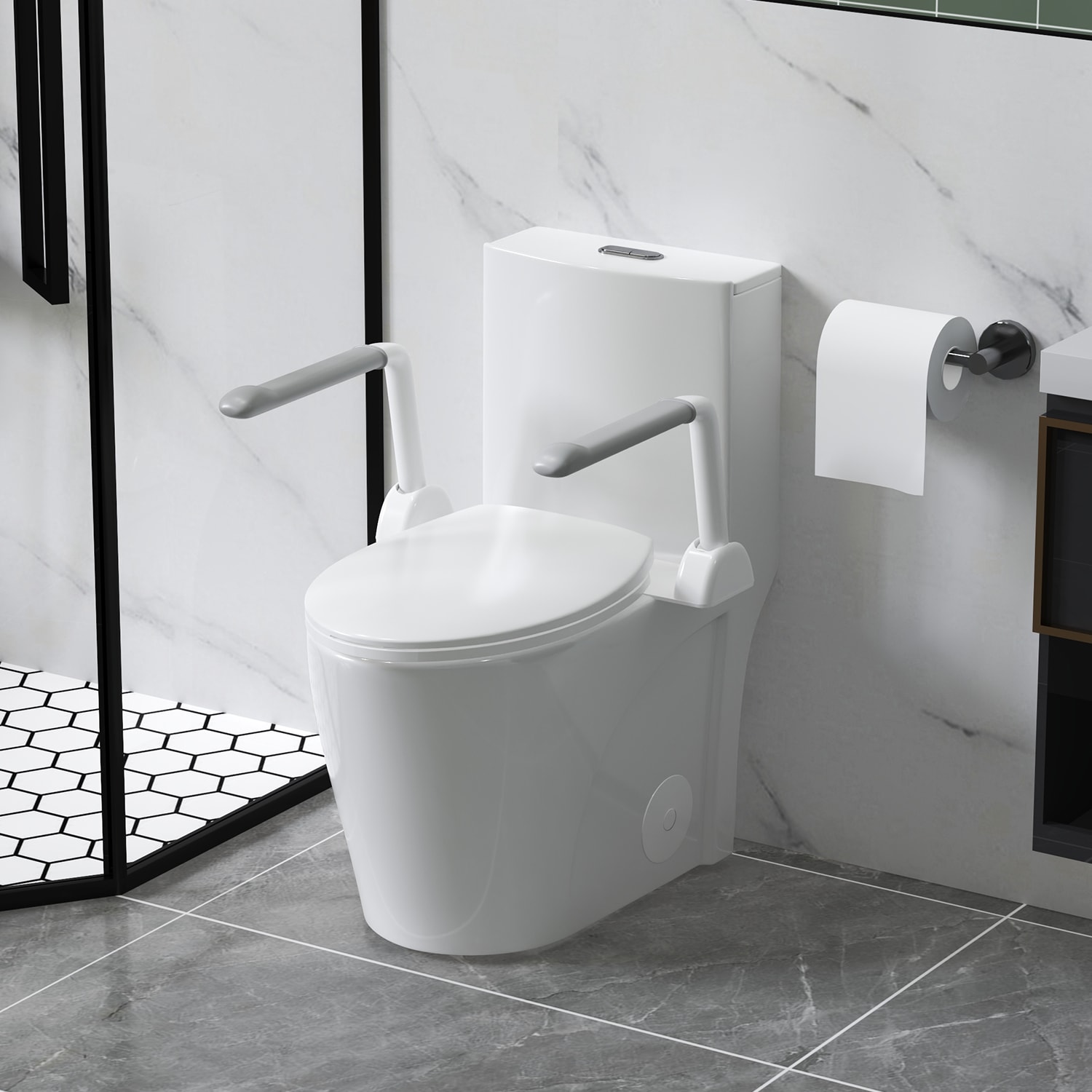 Rainlex - Glossy White Tornado Flush One-Piece Toilet with Armrests Siphonic S-Trap 12in Soft-Clo...
