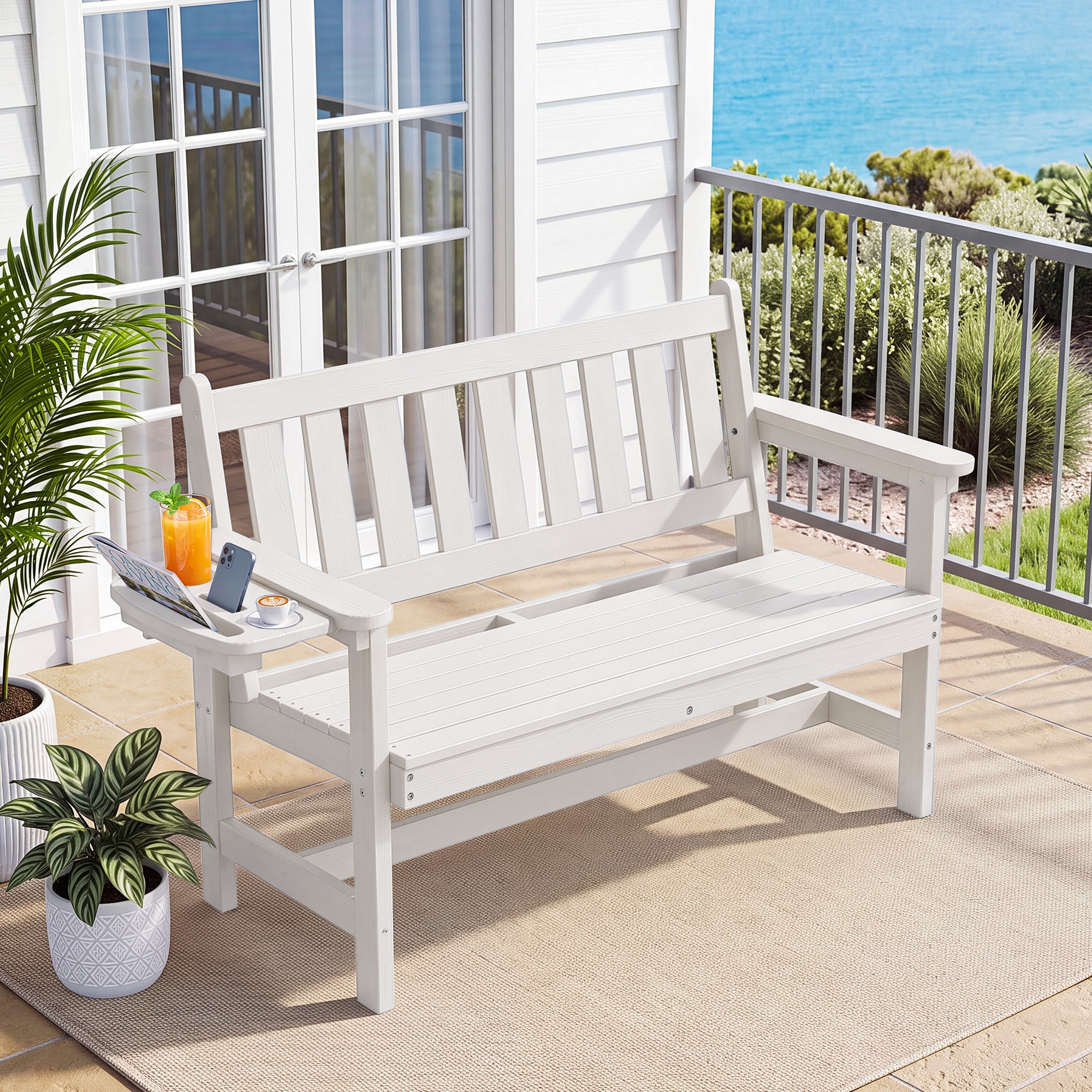 JEAREY - Outdoor 2-Person Garden Bench with Side Holder 49.41-in W x 35.04-in H White HDPE Garden...